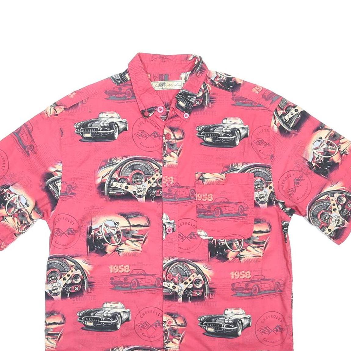 JOE MARLIN Mens Red Classic Car Print Cotton Shirt L Vintage Style Casual