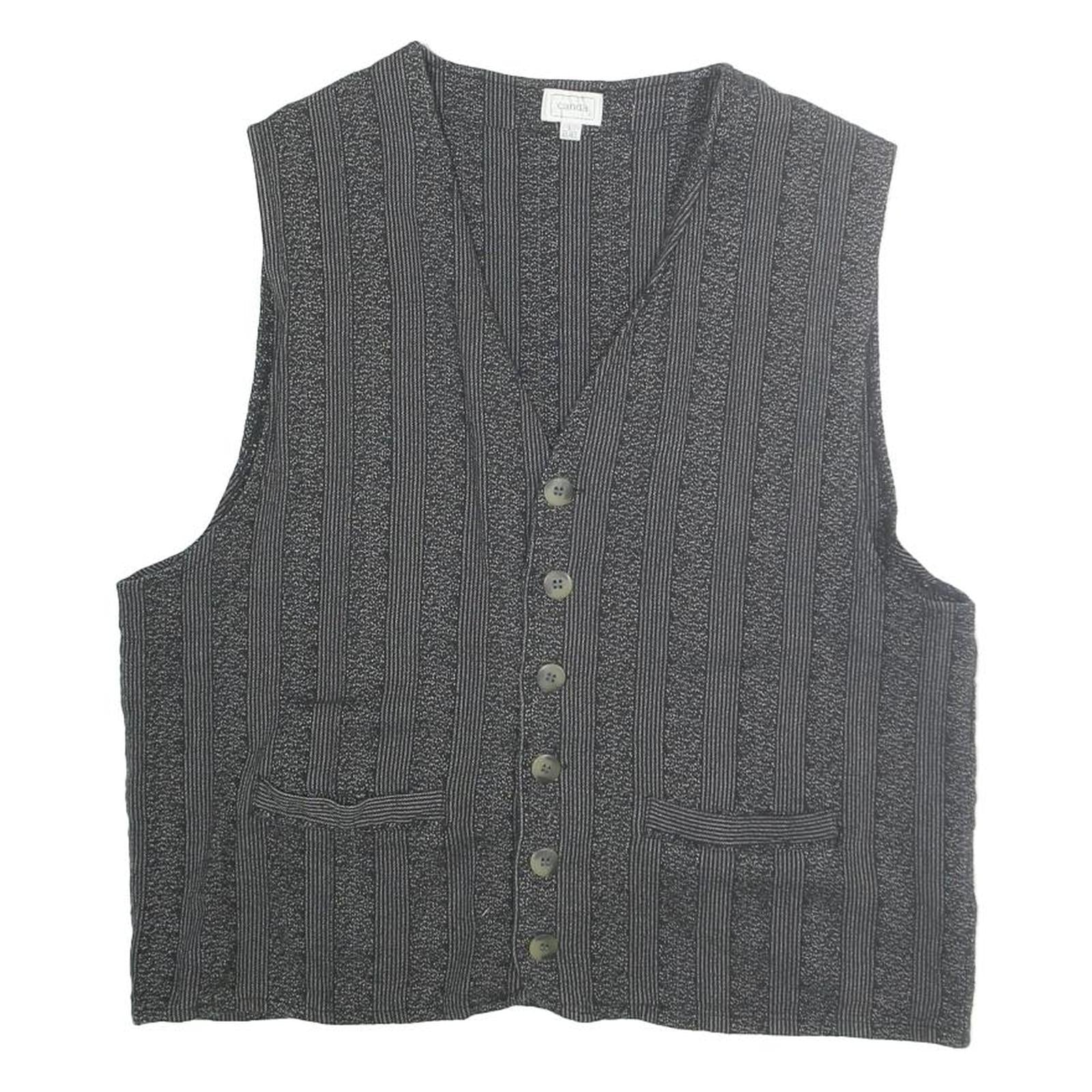 CANDA Womens Black Striped Cotton Button Vest L Classic Sleeveless Top