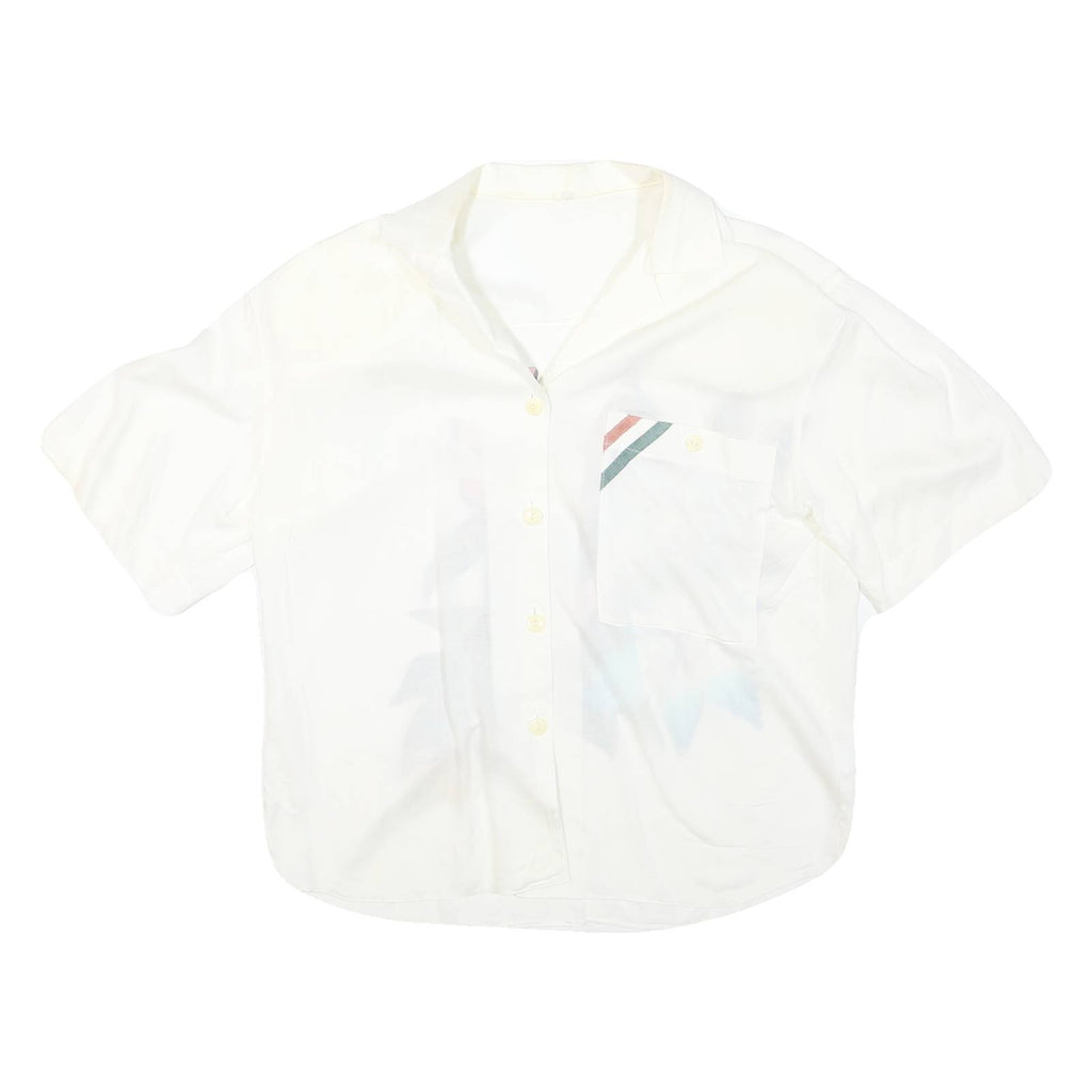 Womens White Cotton Blend Printed Shirt Short Sleeve Collared XL Pocket Casual