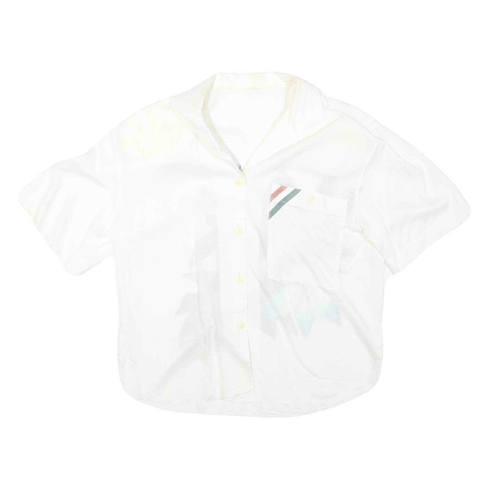 Womens White Cotton Blend Printed Shirt Short Sleeve Collared XL Pocket Casual