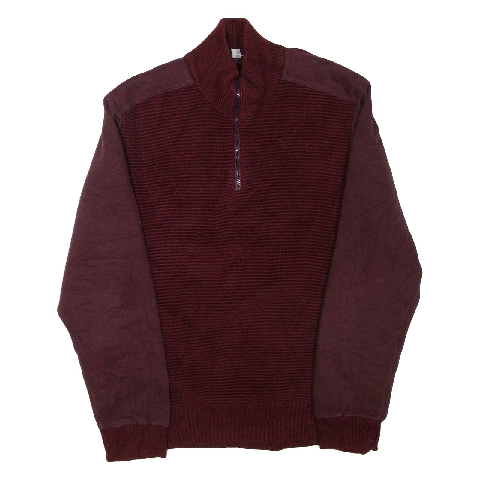 CALVIN KLEIN JEANS Mens Heavy Knit Jumper Maroon 1/4 Zip Chunky Knit XL
