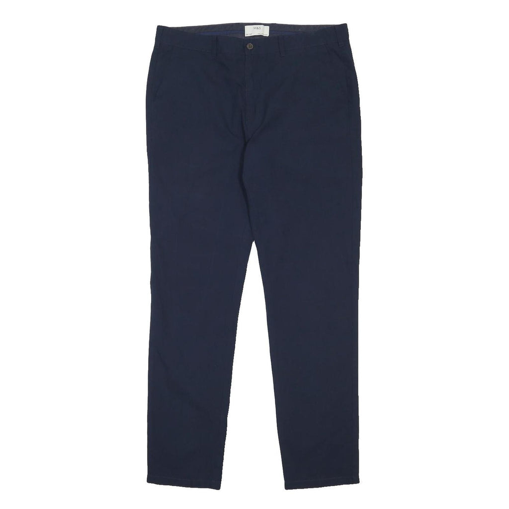 M&S Mens Cotton Navy Slim Straight Trousers W36 L33 Smart Casual Zip Fastening