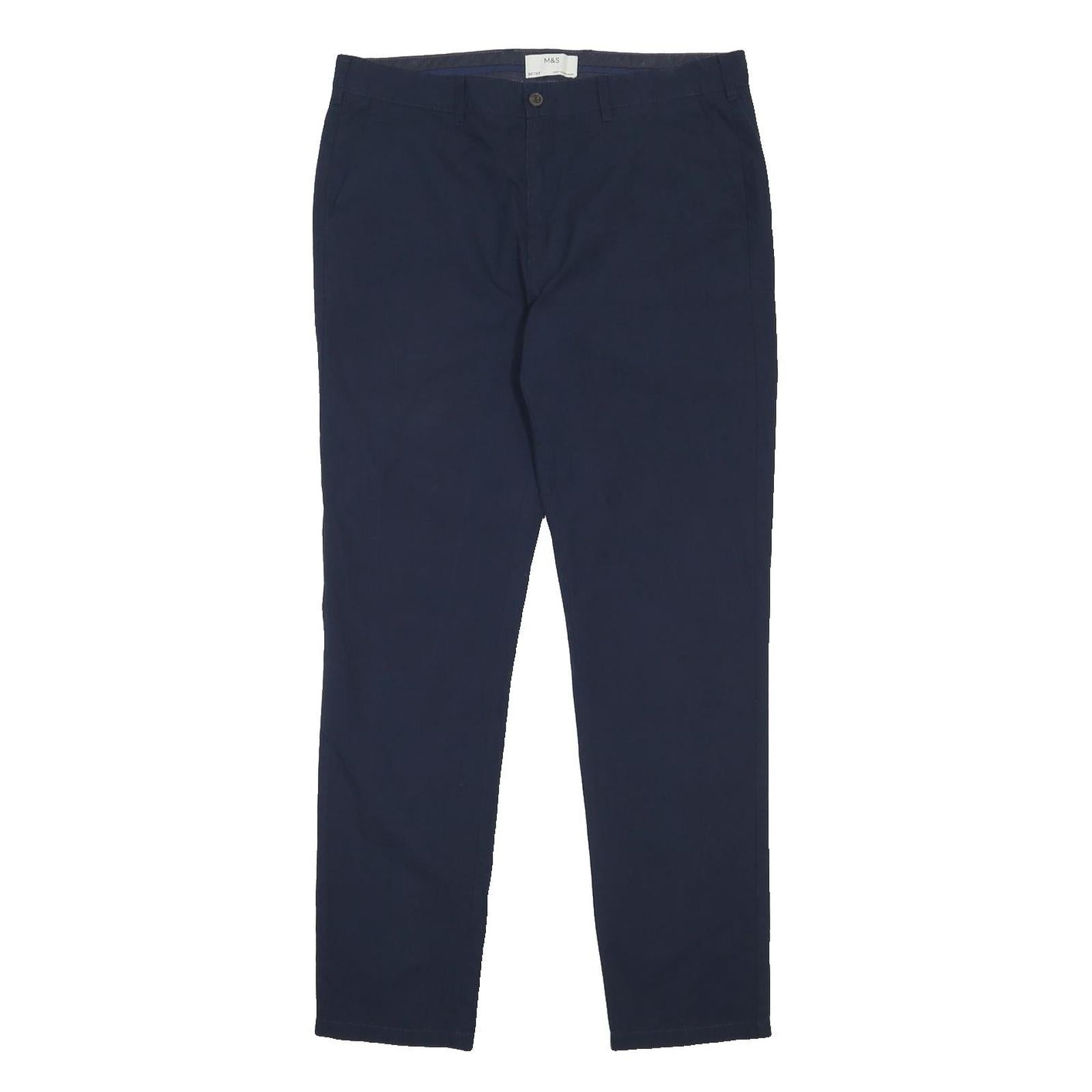 M&S Mens Cotton Navy Slim Straight Trousers W36 L33 Smart Casual Zip Fastening