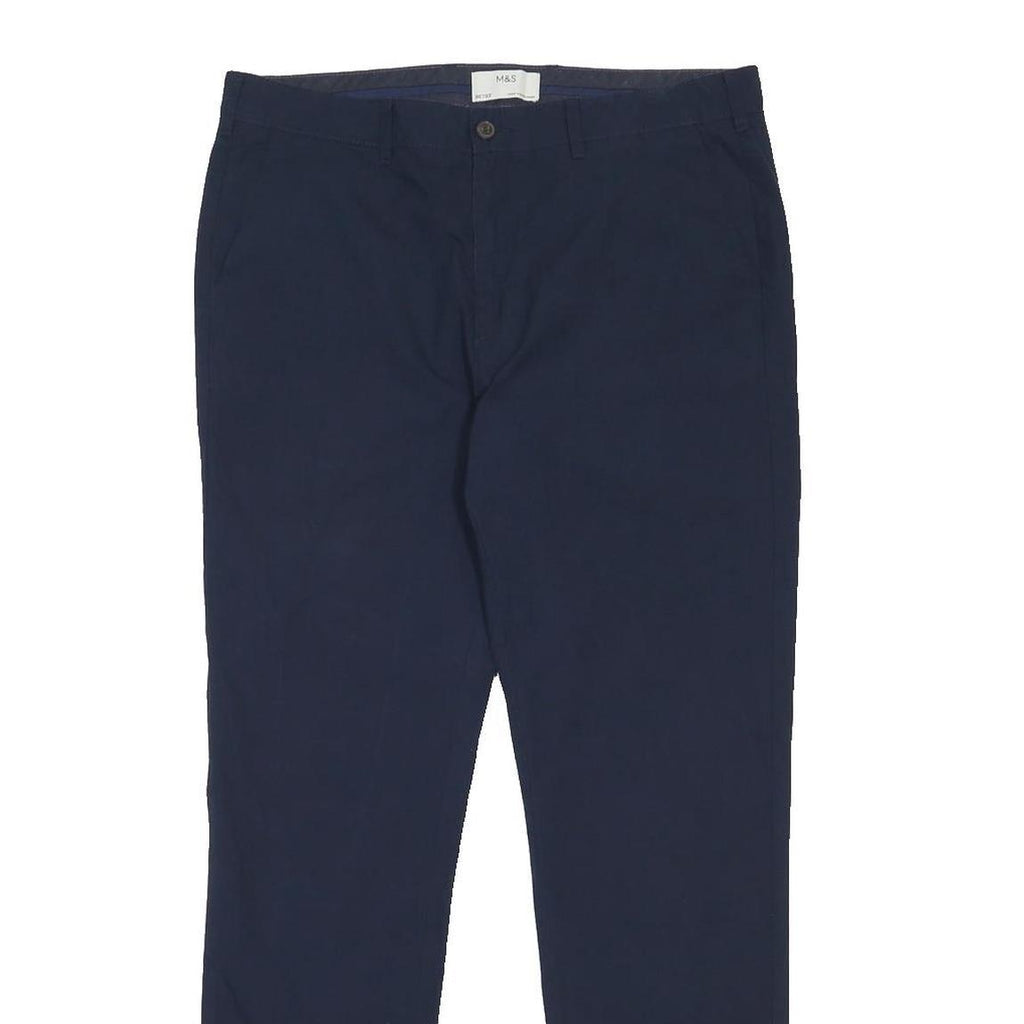 M&S Mens Cotton Navy Slim Straight Trousers W36 L33 Smart Casual Zip Fastening