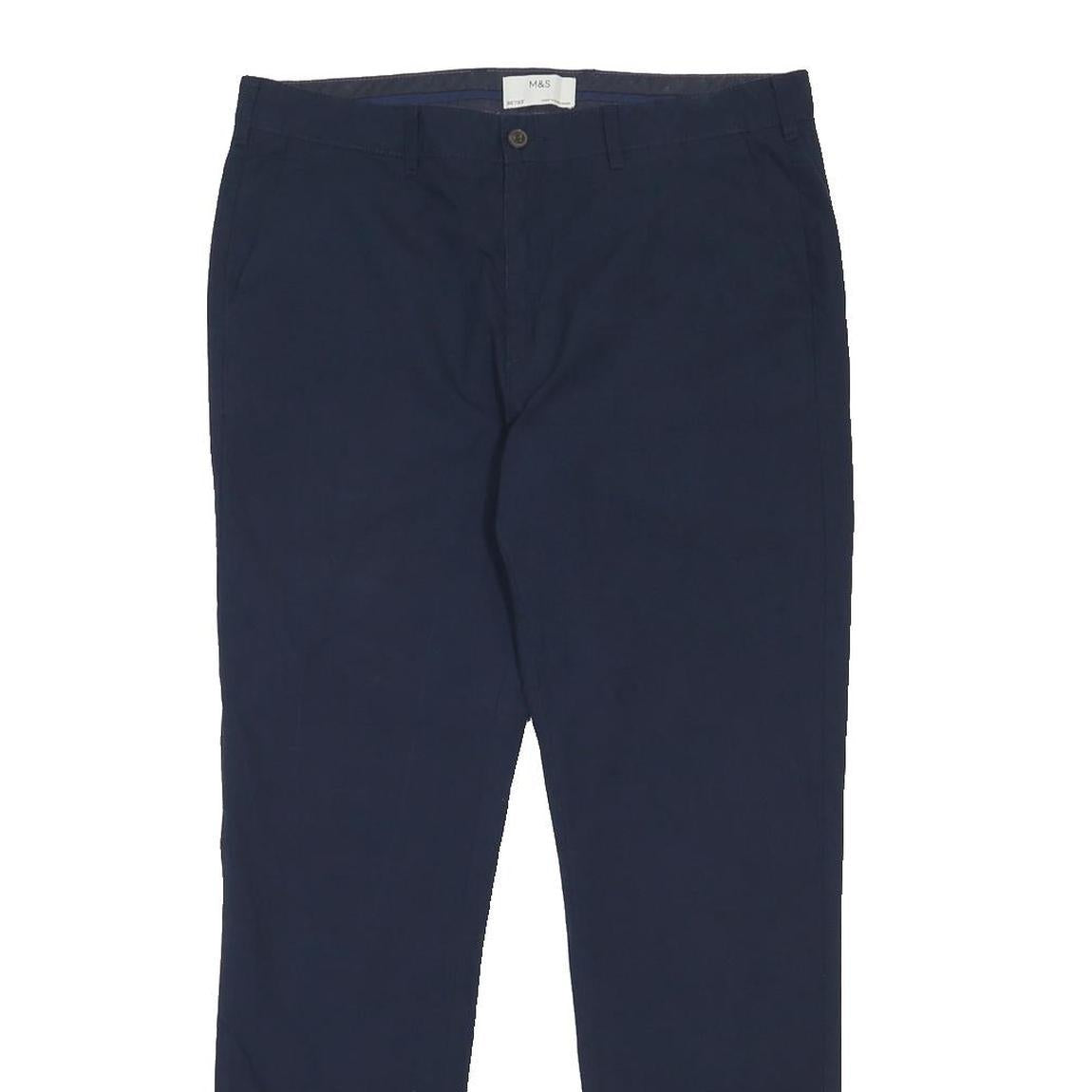 M&S Mens Cotton Navy Slim Straight Trousers W36 L33 Smart Casual Zip Fastening