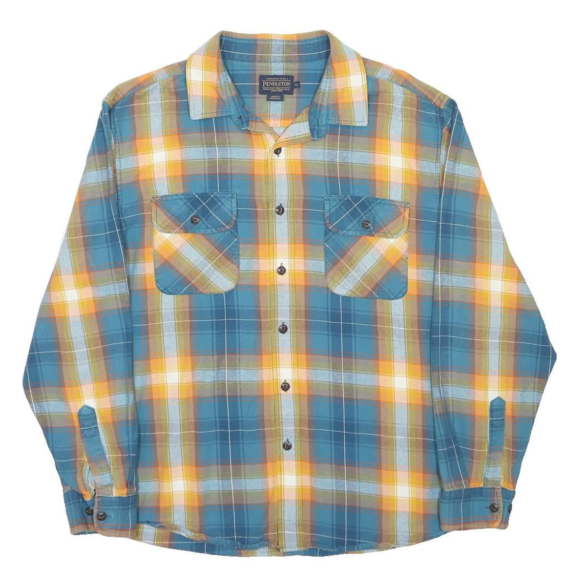 PENDLETON Mens Blue & Orange Plaid Cotton Shirt XL Classic Fit Casual