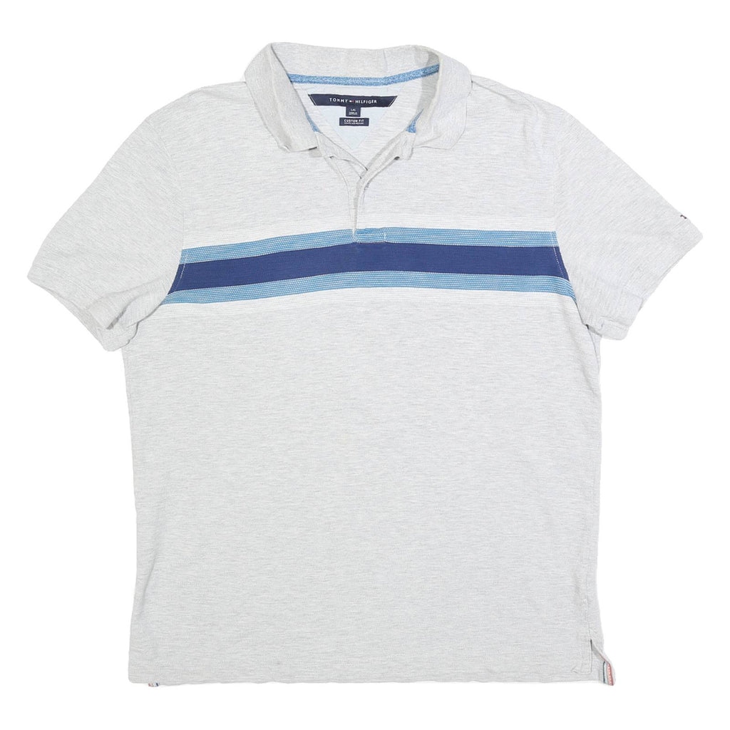 TOMMY HILFIGER Mens White & Blue Stripe Short Sleeve Polo Shirt L Cotton Blend