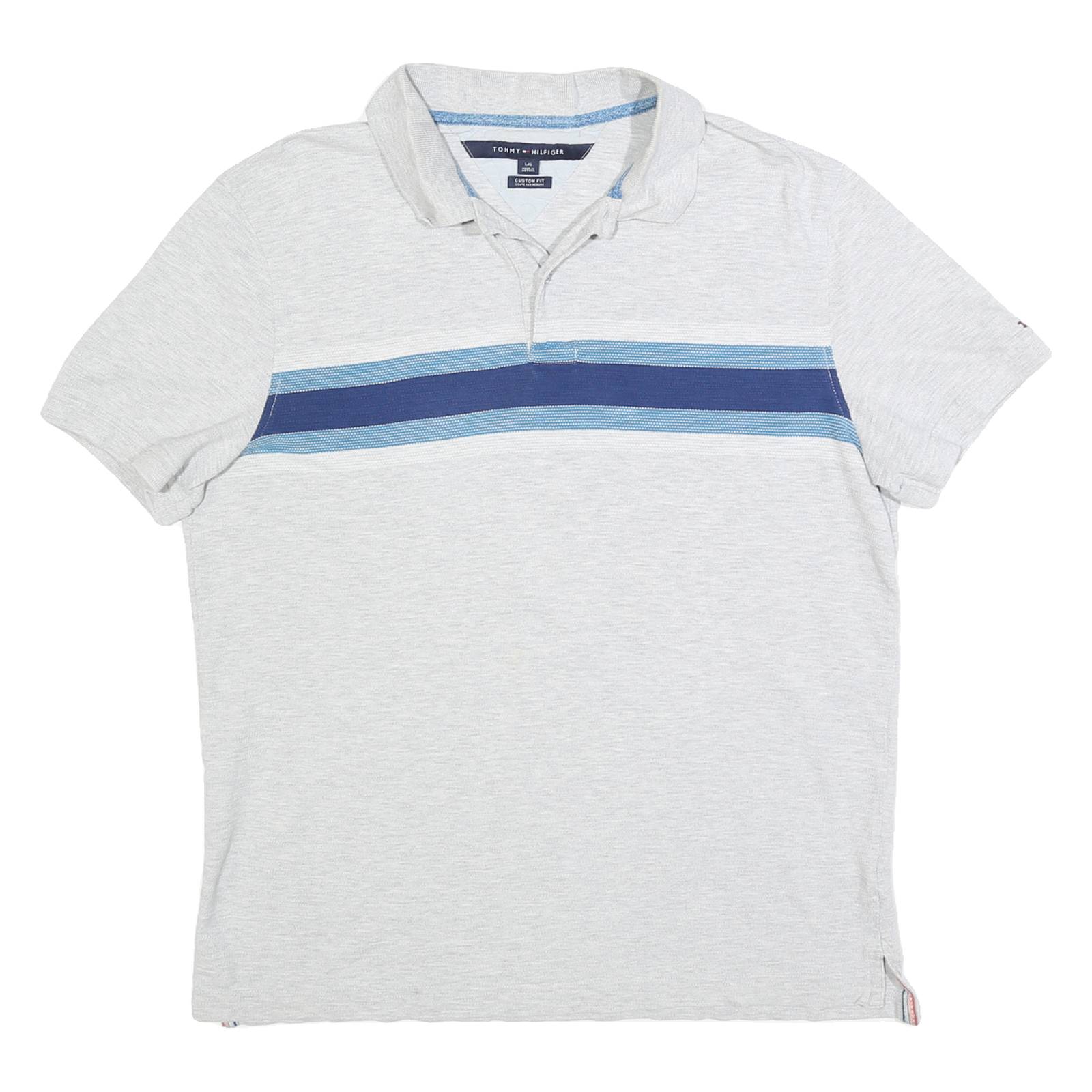 TOMMY HILFIGER Mens White & Blue Stripe Short Sleeve Polo Shirt L Cotton Blend