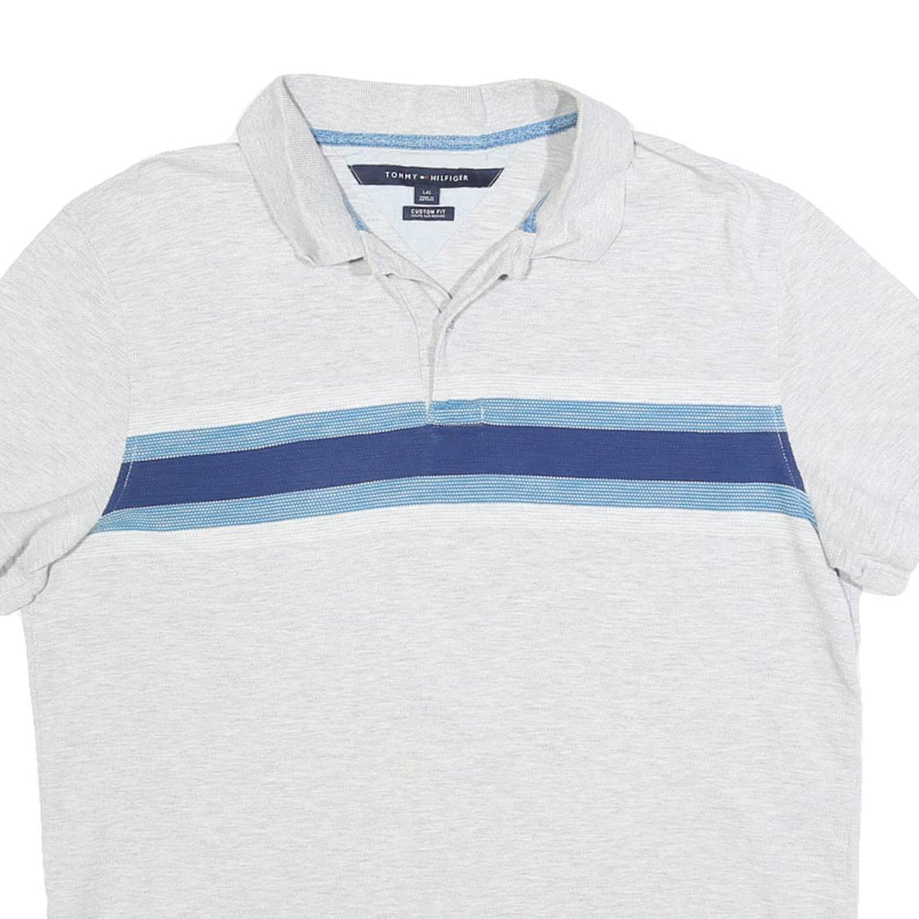 TOMMY HILFIGER Mens White & Blue Stripe Short Sleeve Polo Shirt L Cotton Blend