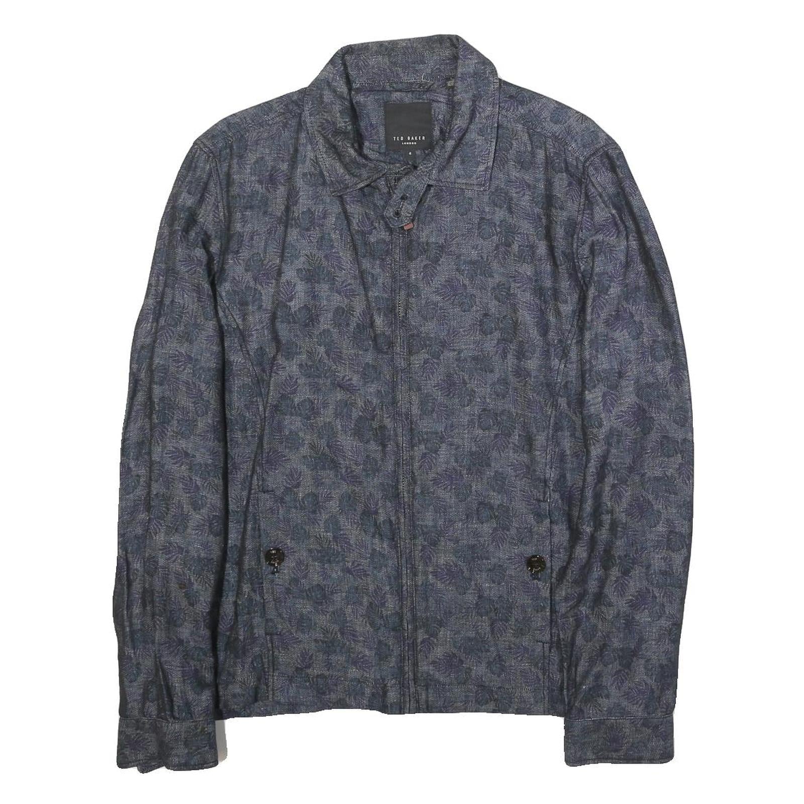 TED BAKER Mens Blue Floral Print Linen Blend Jacket L Zip Casual Lightweight