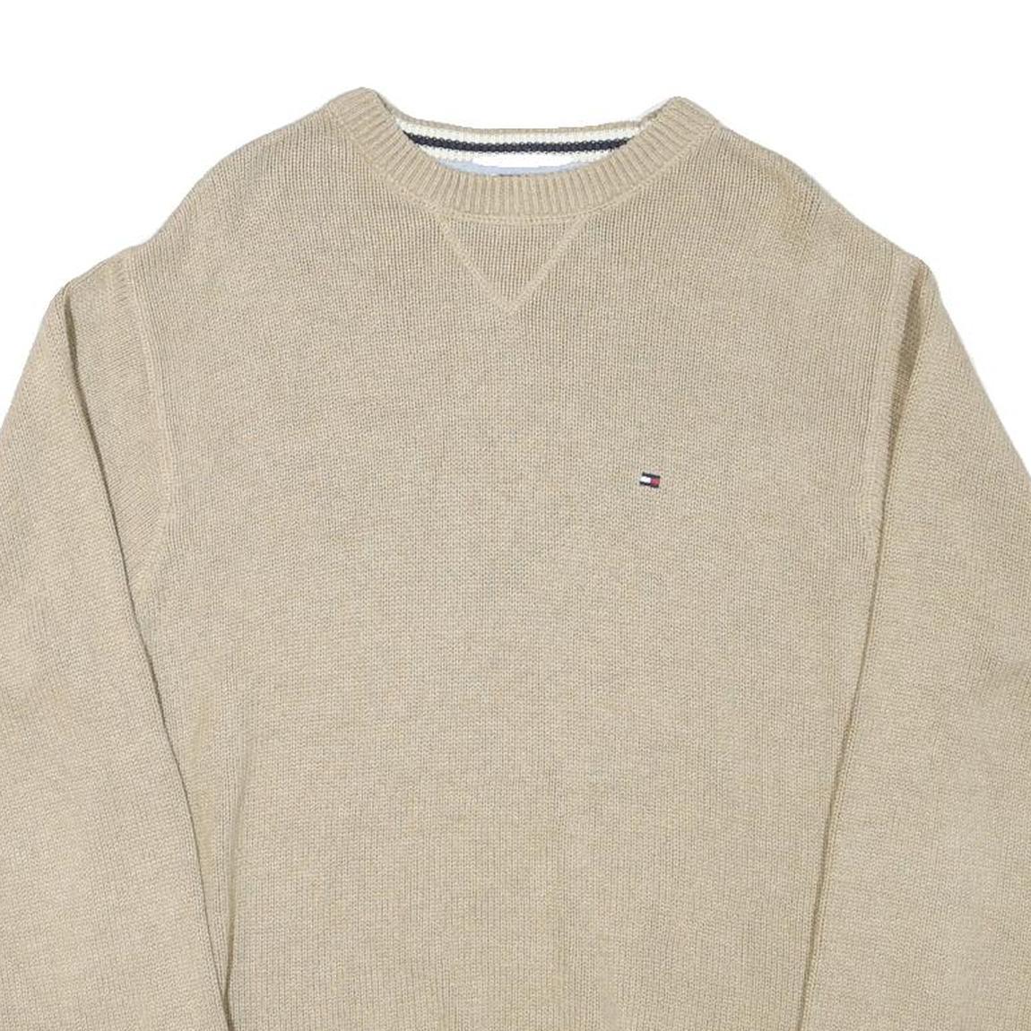 TOMMY HILFIGER Mens Beige Plain Crew Neck Basic Knit M Cotton Blend Jumper