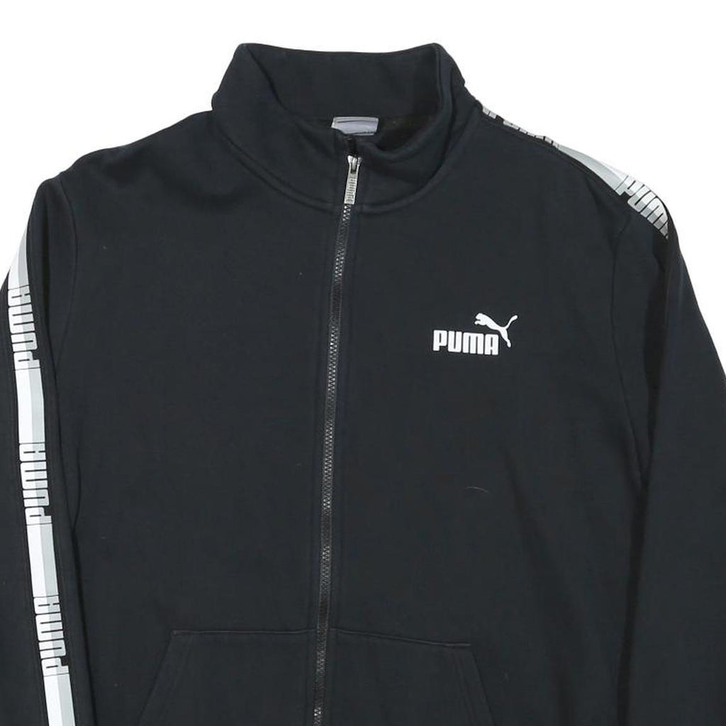 PUMA Mens Black & White Sport Zip Cotton Blend Jacket L Logo Tape Stripe Casual