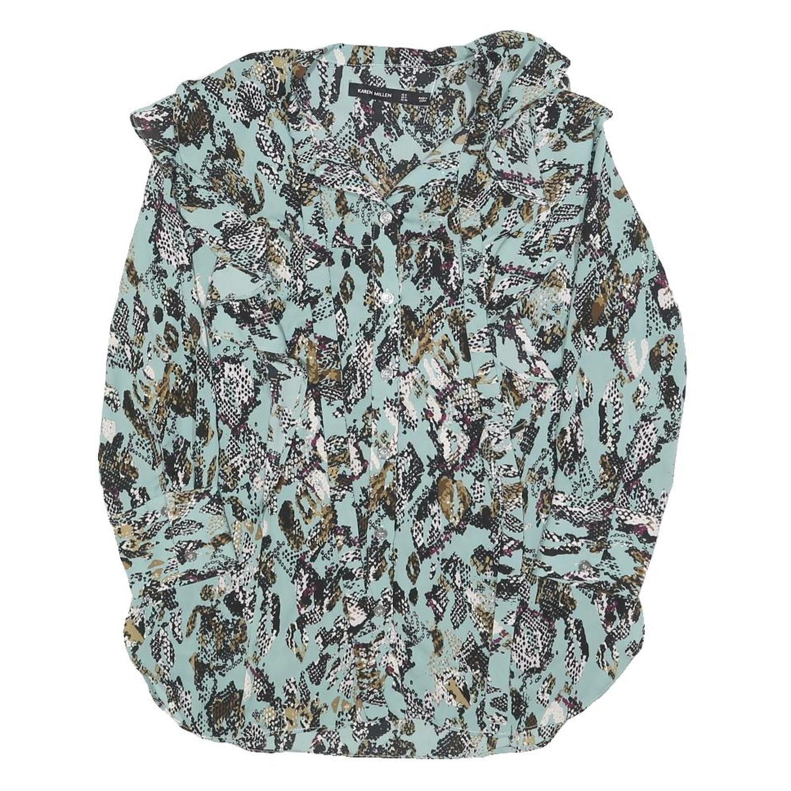 KAREN MILLEN Womens Blue Printed Blouse Long Sleeve Collared UK 8 Stylish