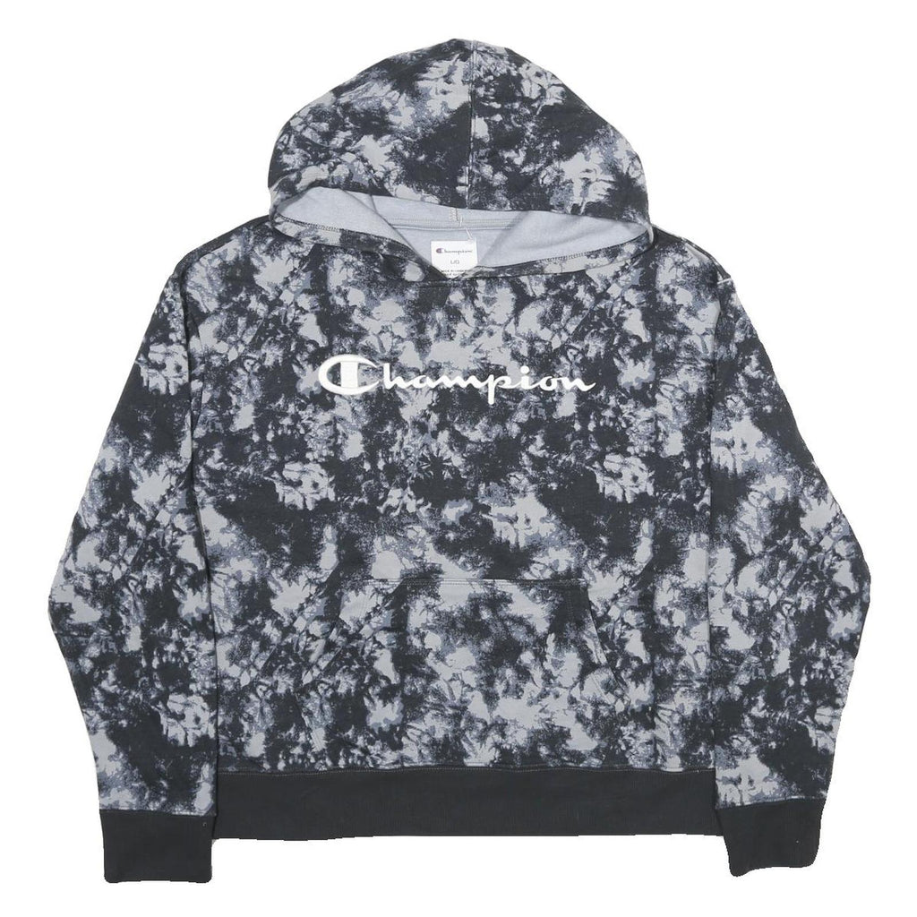 CHAMPION Womens Black & Grey Tie Dye Pullover Hoodie L Cotton Blend