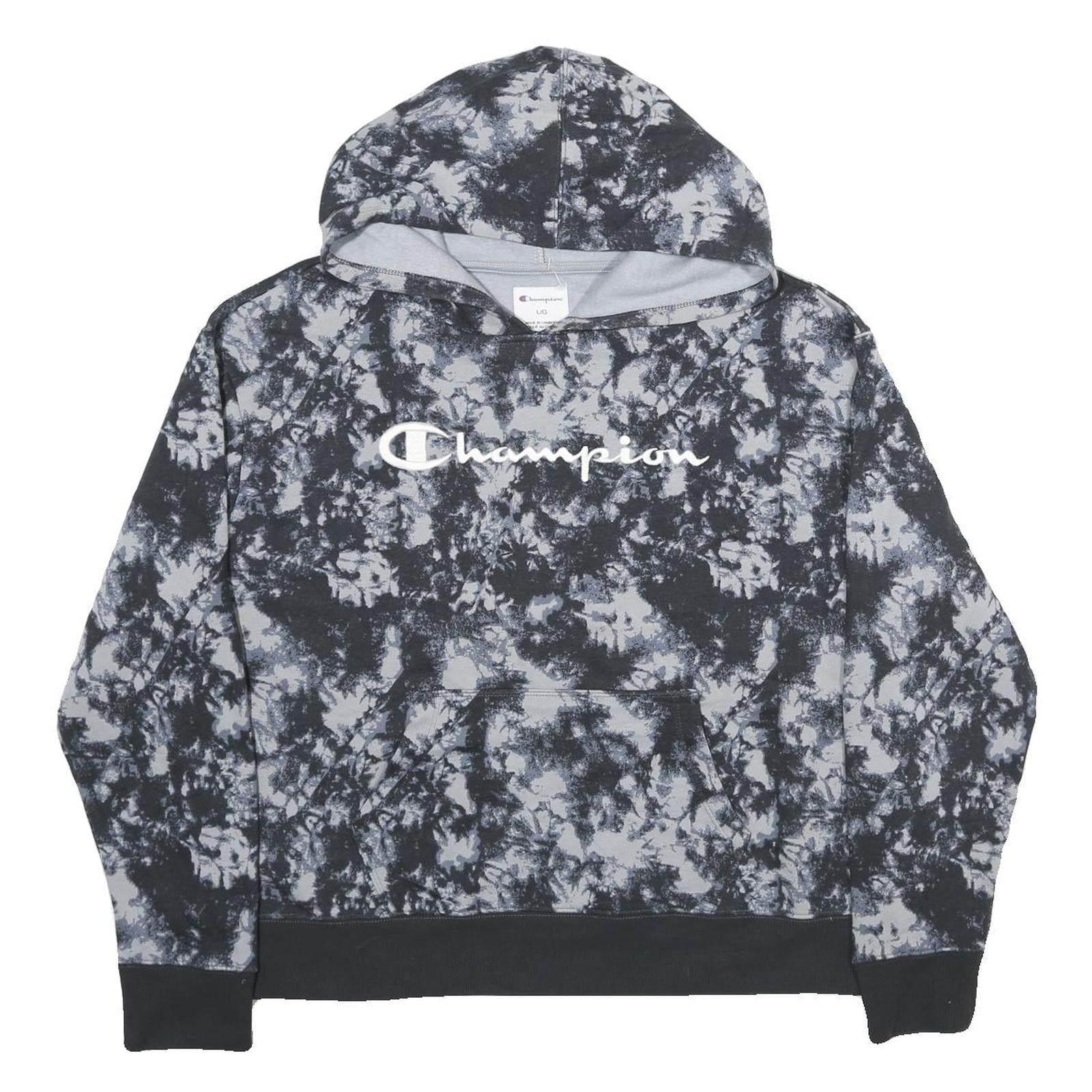 CHAMPION Womens Black & Grey Tie Dye Pullover Hoodie L Cotton Blend