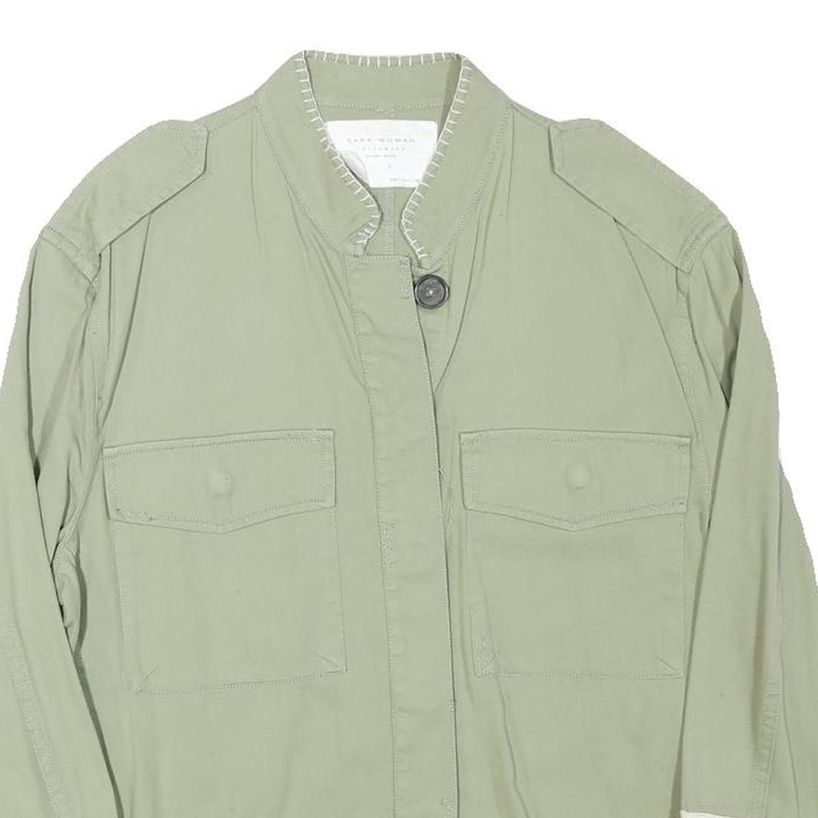 ZARA Womens Green Button Cotton Blend Jacket L Crochet Trim Lightweight