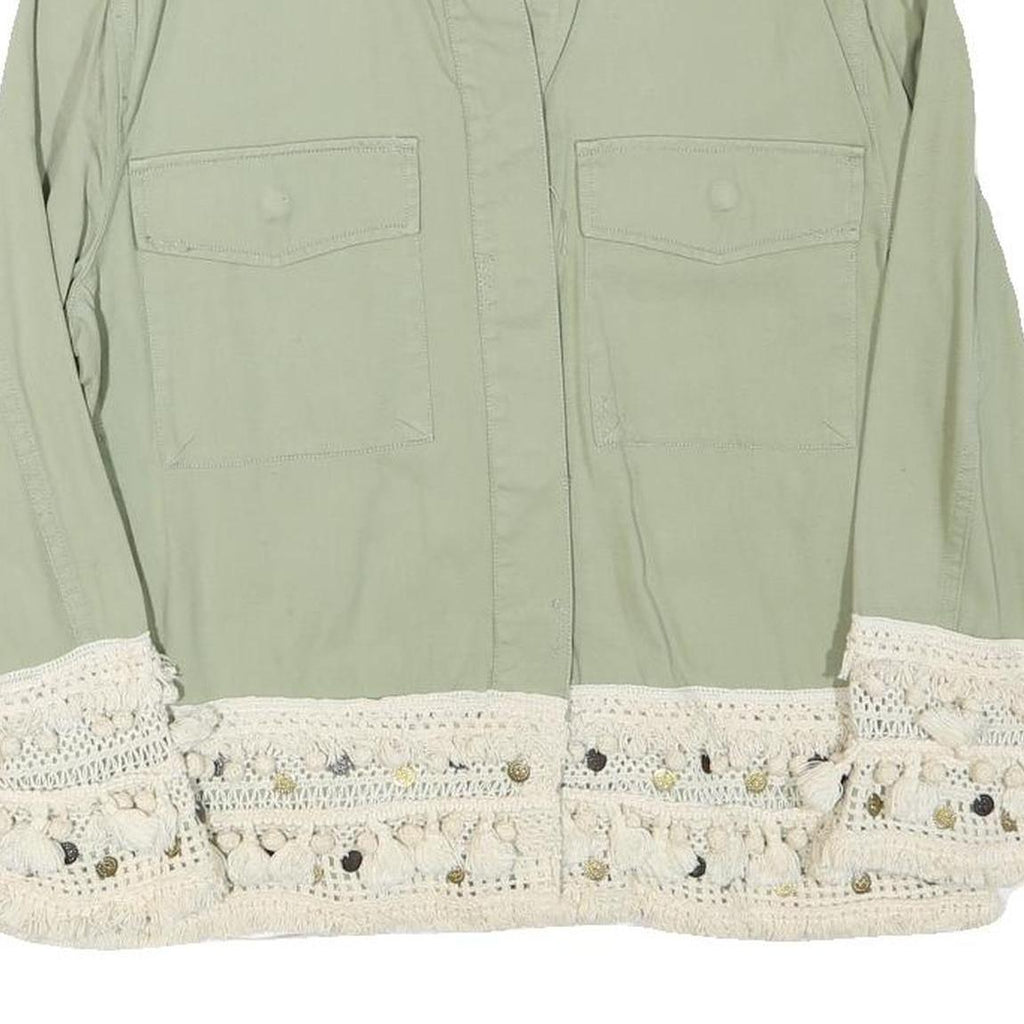 ZARA Womens Green Button Cotton Blend Jacket L Crochet Trim Lightweight