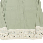 ZARA Womens Green Button Cotton Blend Jacket L Crochet Trim Lightweight