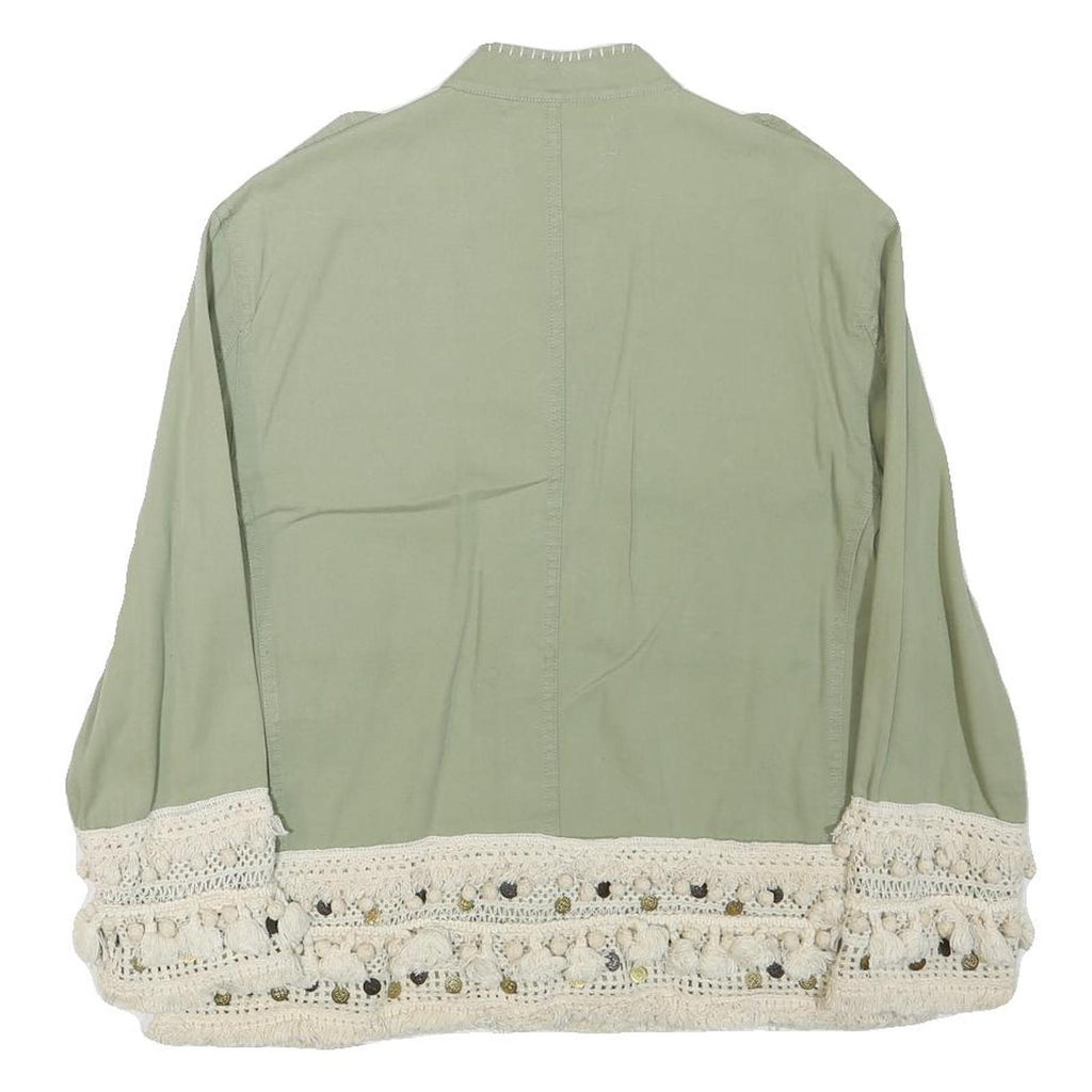ZARA Womens Green Button Cotton Blend Jacket L Crochet Trim Lightweight