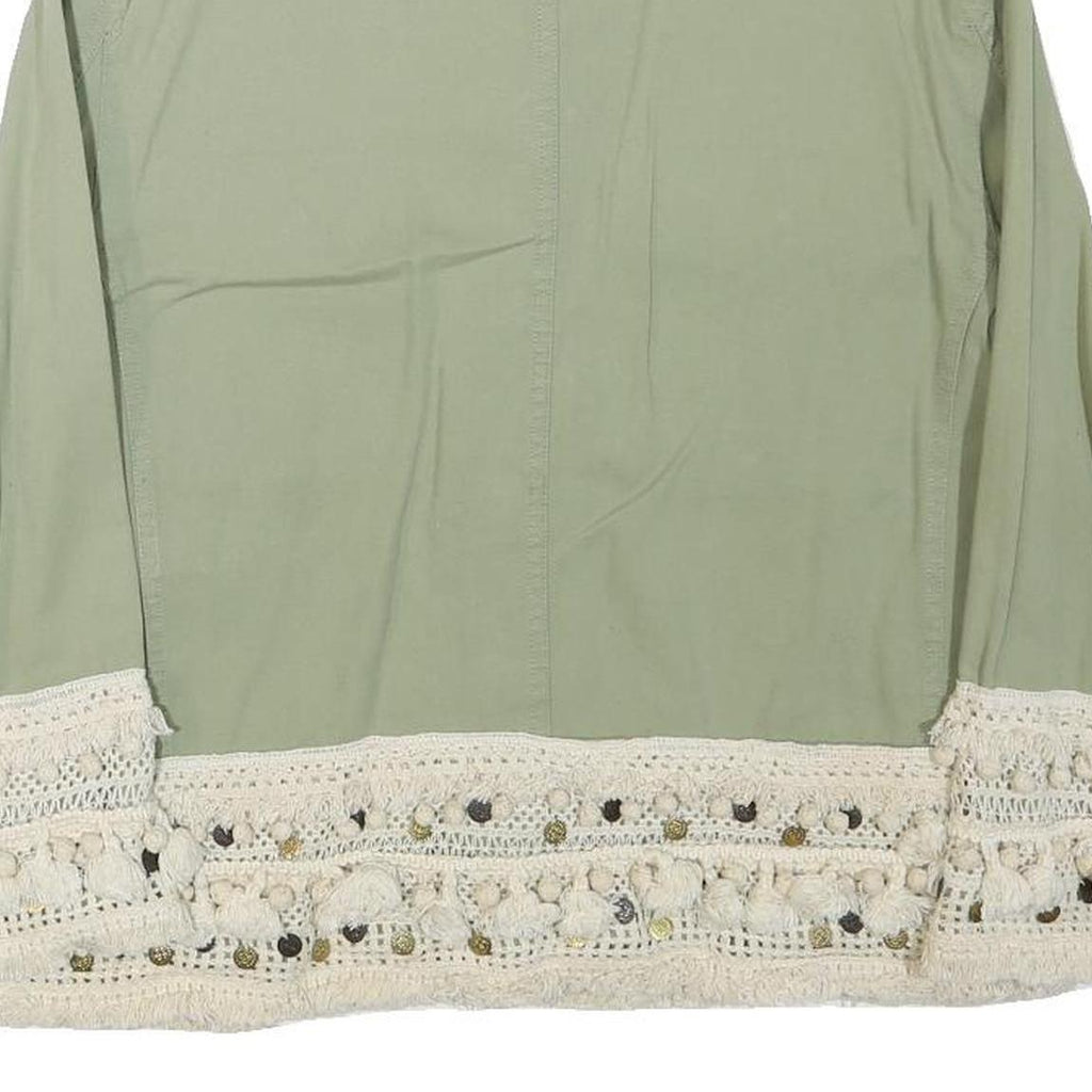 ZARA Womens Green Button Cotton Blend Jacket L Crochet Trim Lightweight