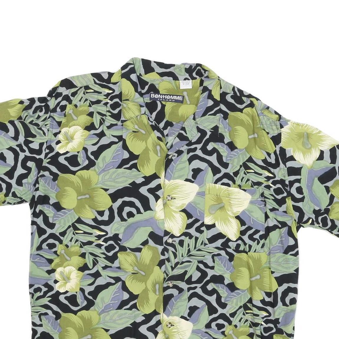 BON HOMME Mens Green Pattern Rayon Shirt M Floral Black Grey Hawaiian Casual