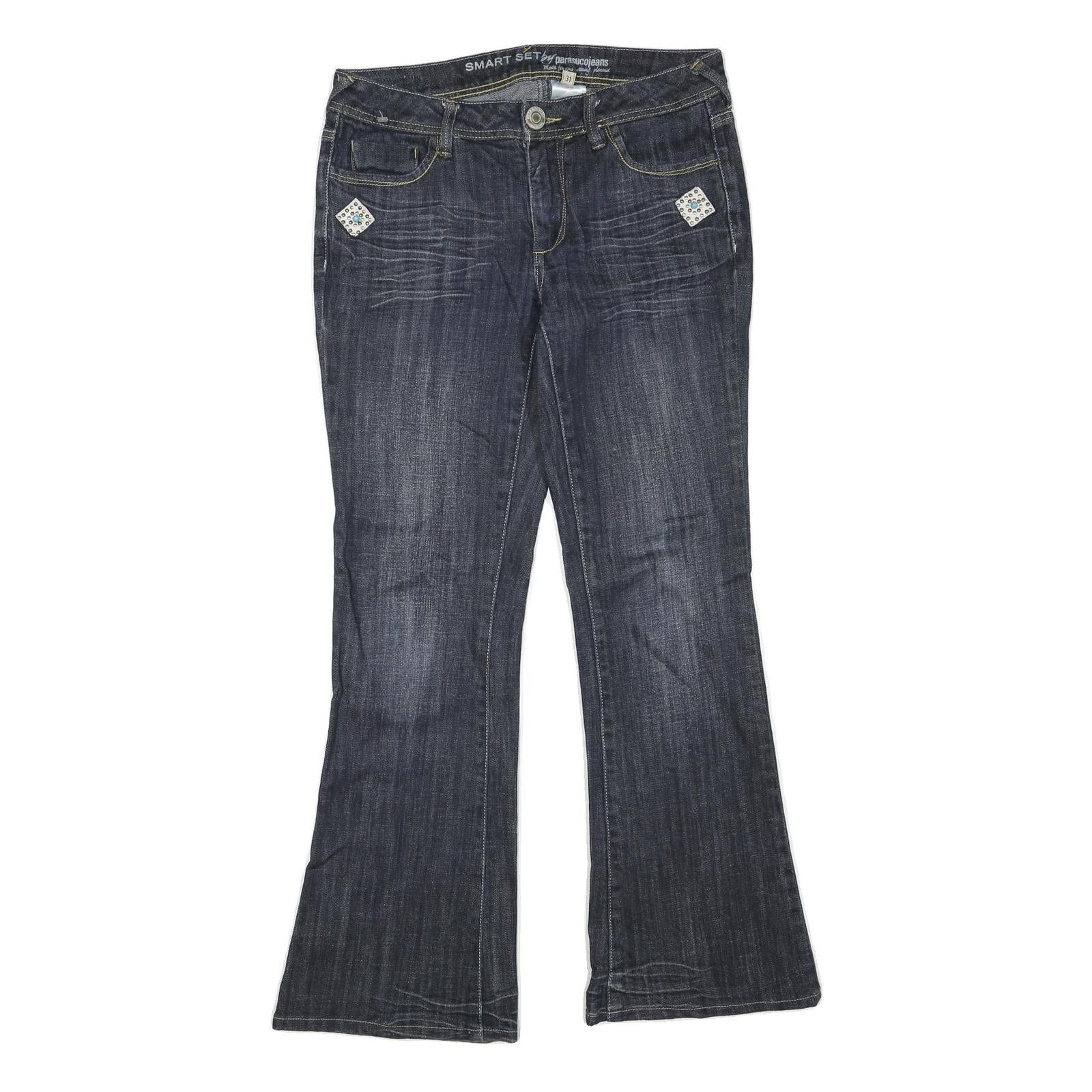 Womens Dark Blue Regular Flared Denim Jeans Cotton Blend W31 L30 Embellished