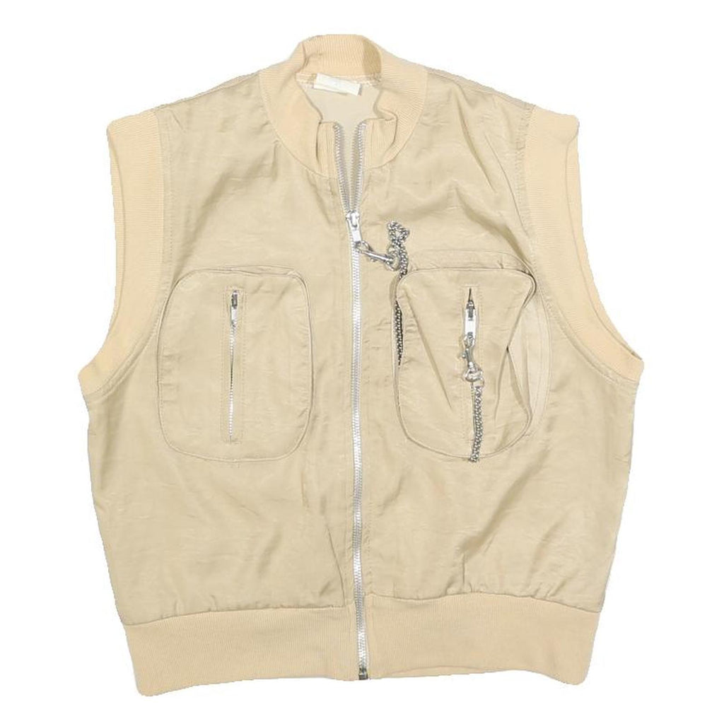 Womens Beige Sleeveless Zip Jacket S Polyester Blend Plain Utility Pocket Chain
