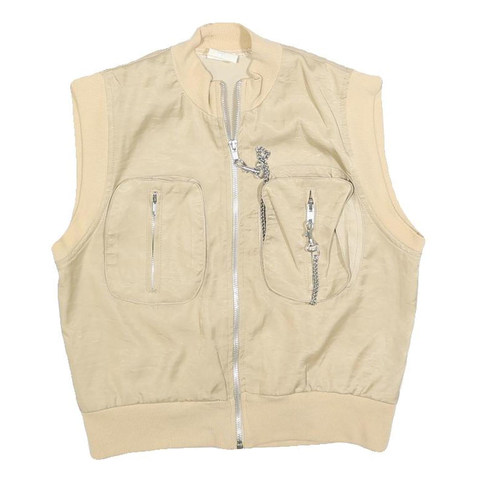 Womens Beige Sleeveless Zip Jacket S Polyester Blend Plain Utility Pocket Chain
