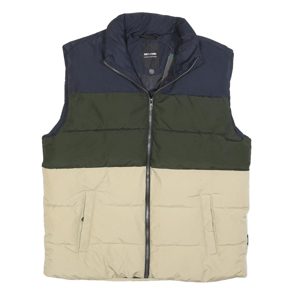 ONLY & SONS Mens Blue & Green & Beige Casual Puffer Jacket M Polyester Blend Zip