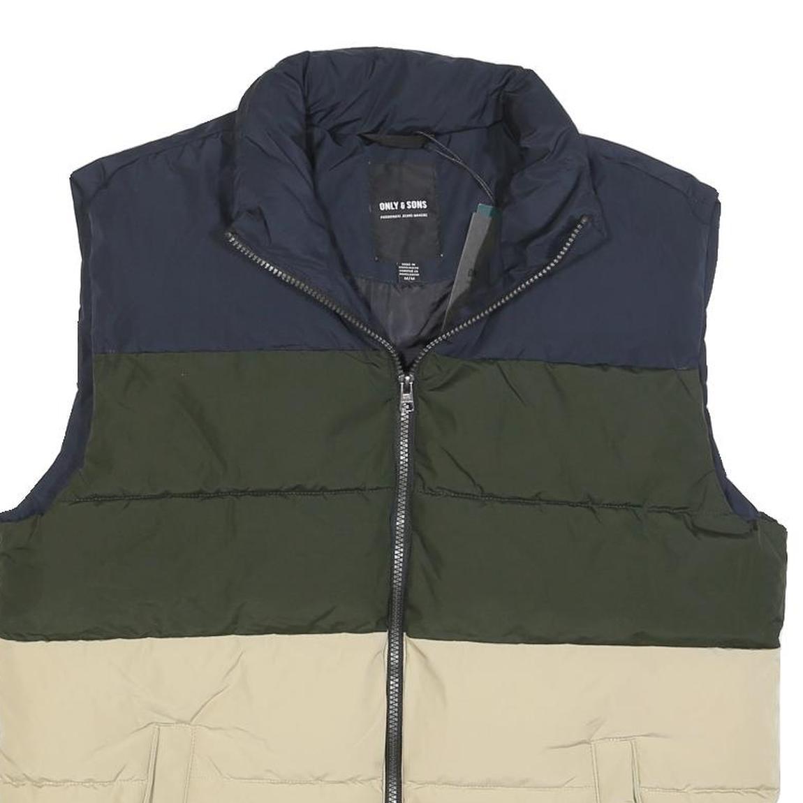 ONLY & SONS Mens Blue & Green & Beige Casual Puffer Jacket M Polyester Blend Zip