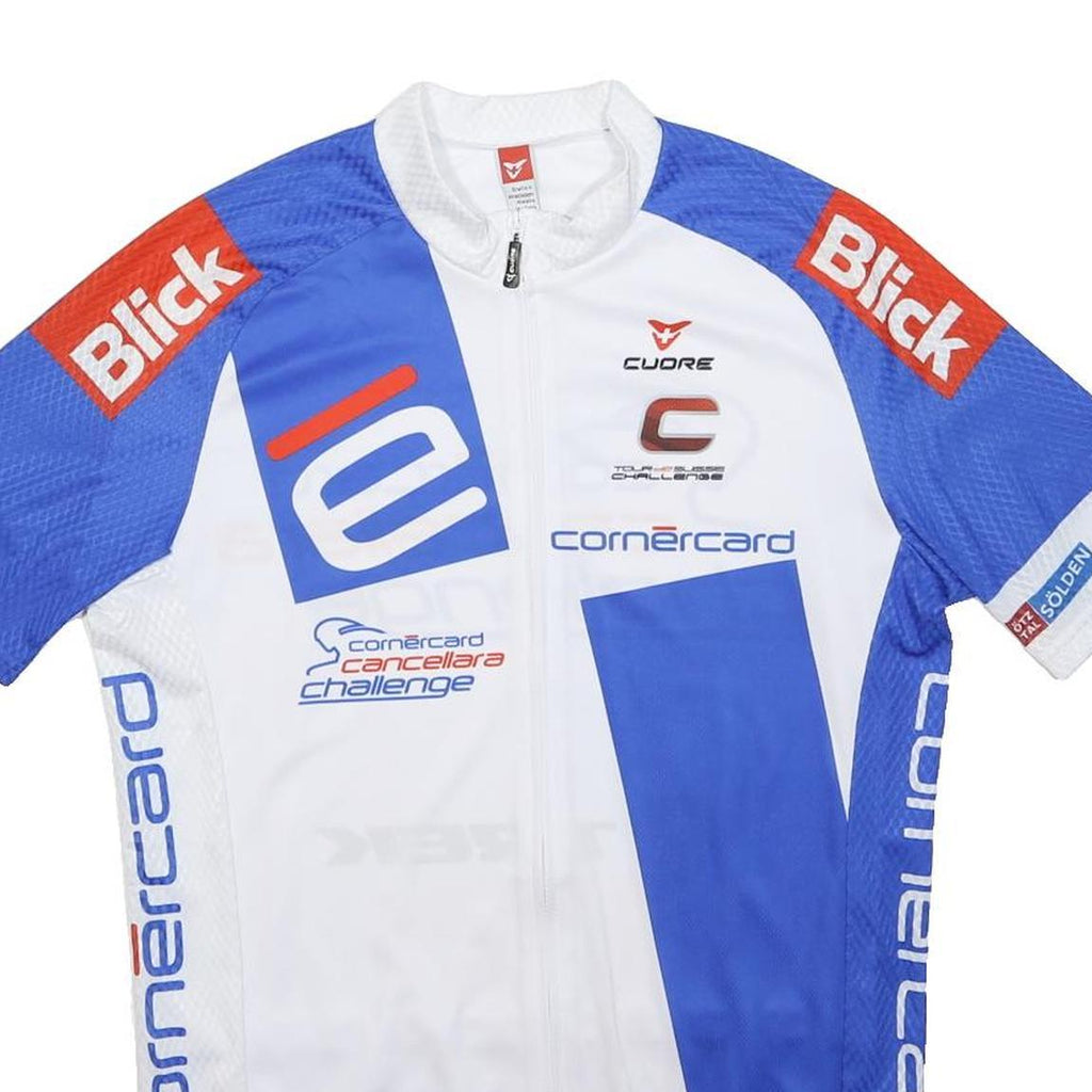 CUORE Mens White & Blue Graphic Cycling Jersey L Short Sleeve Zip Neck
