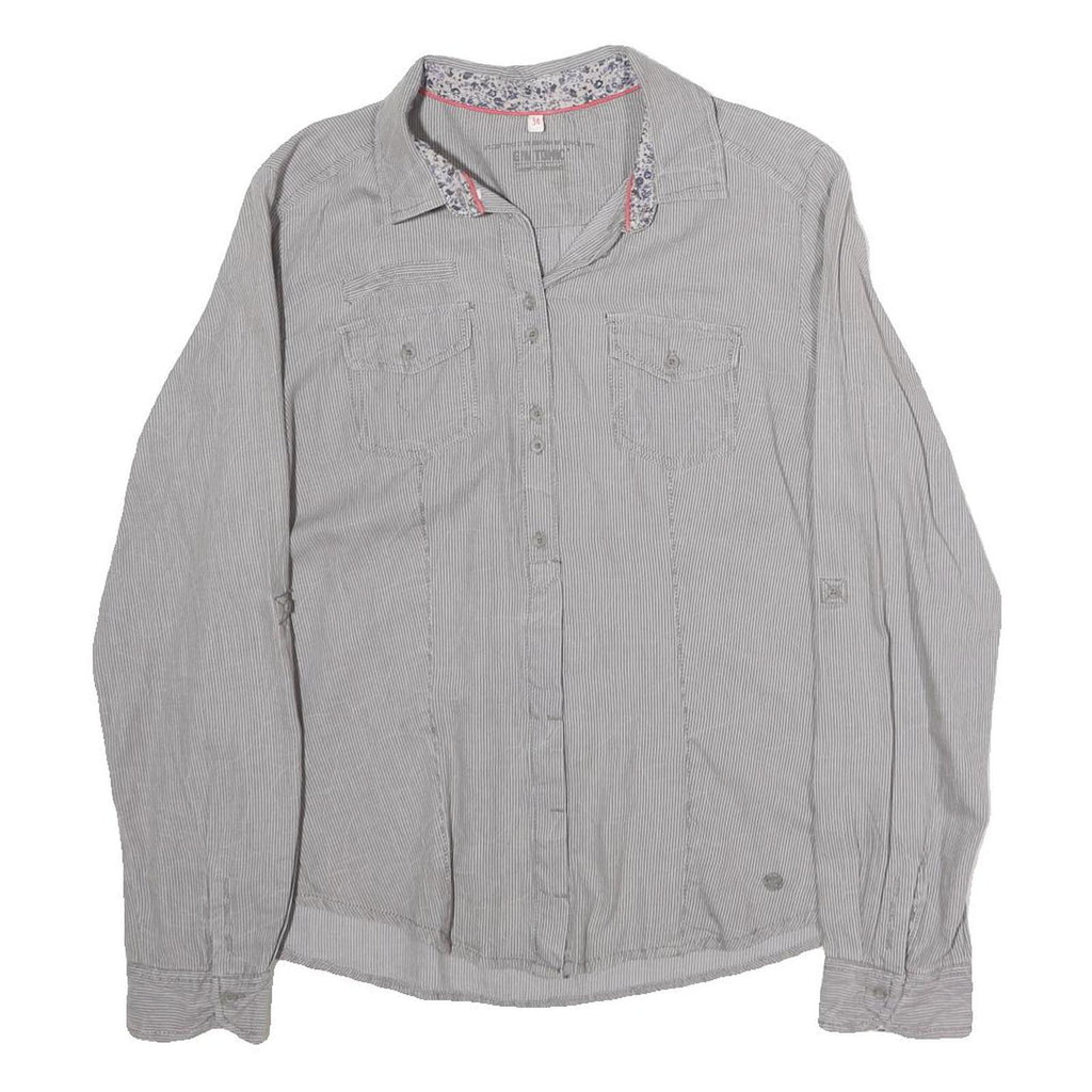 GIN & TONIC Womens Grey & White Striped Shirt M Cotton Blend Long Sleeve Casual