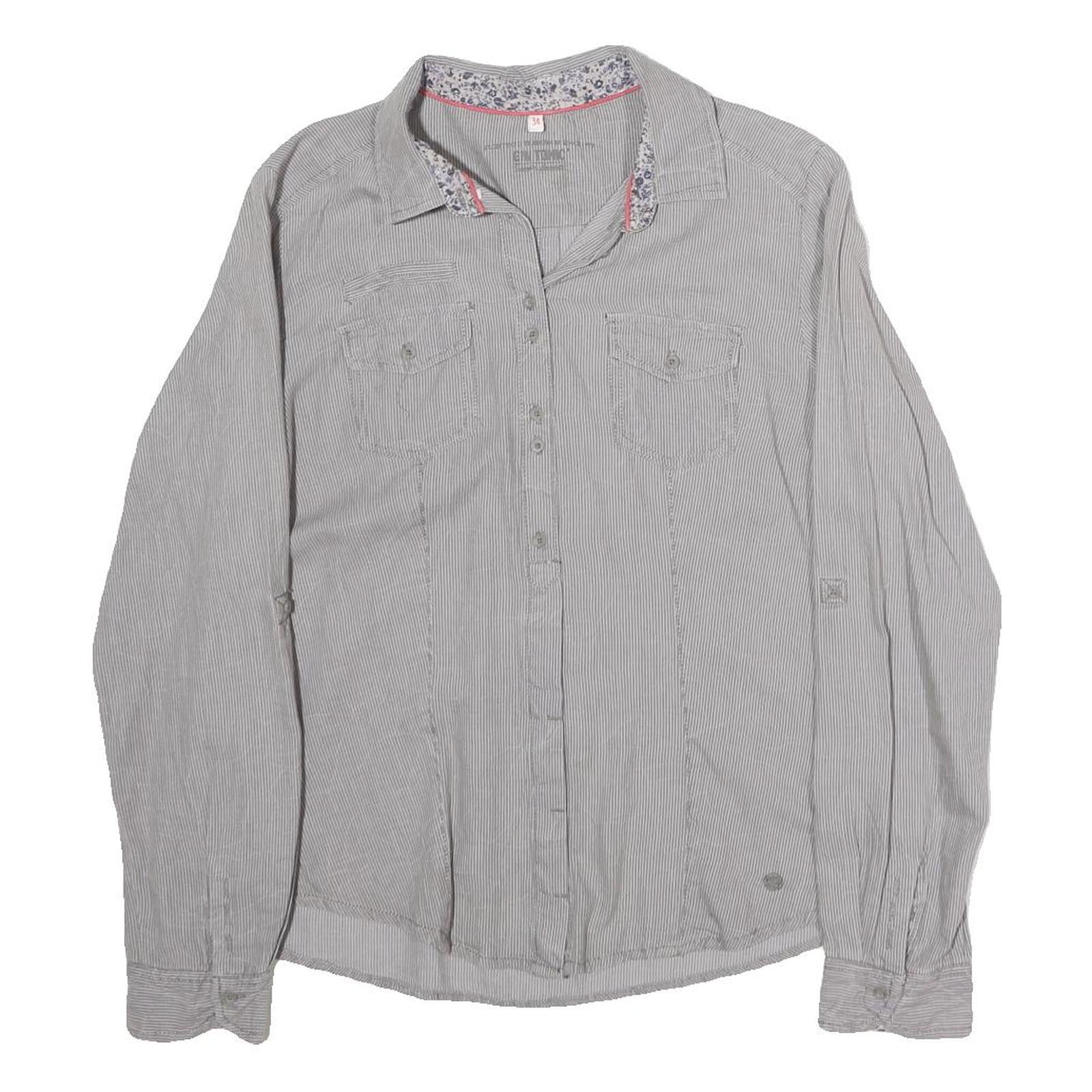 GIN & TONIC Womens Grey & White Striped Shirt M Cotton Blend Long Sleeve Casual