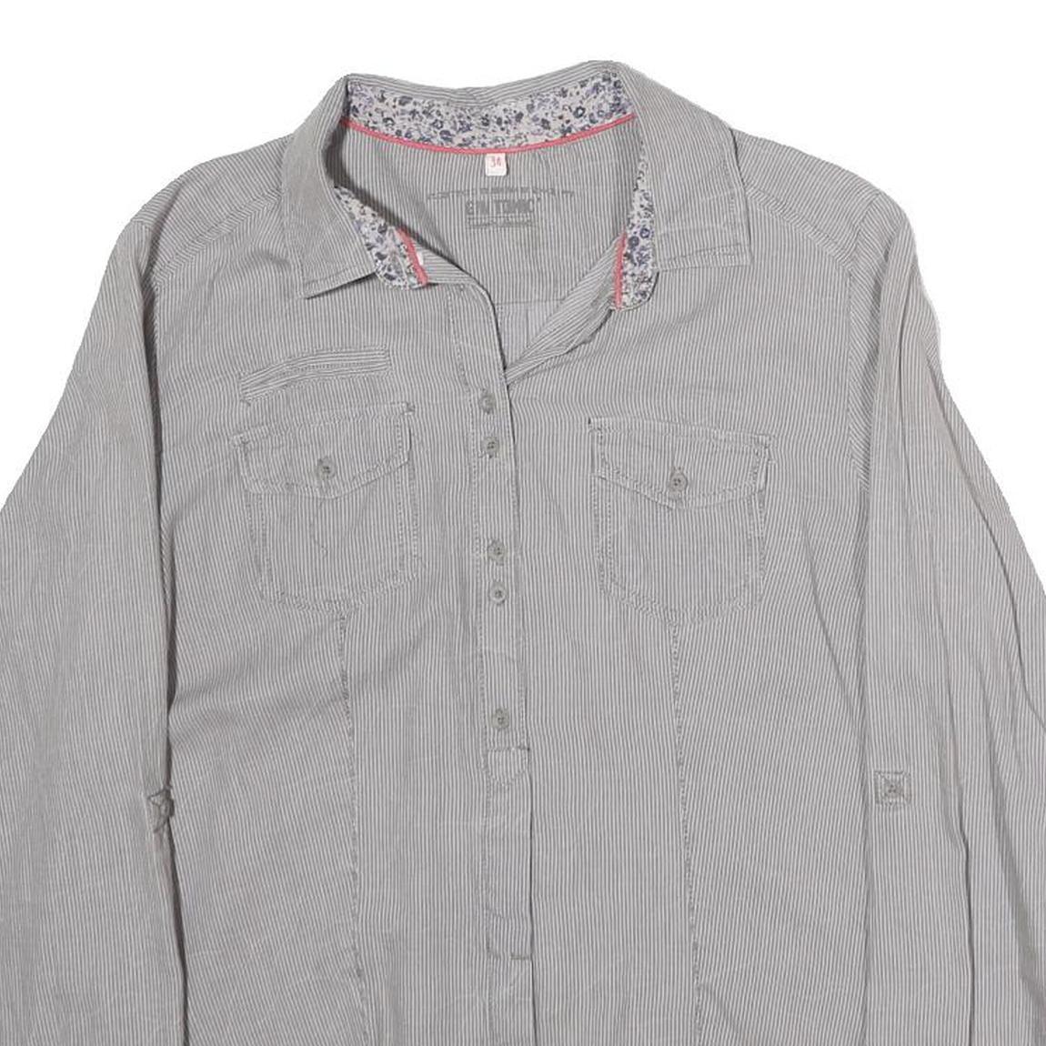 GIN & TONIC Womens Grey & White Striped Shirt M Cotton Blend Long Sleeve Casual