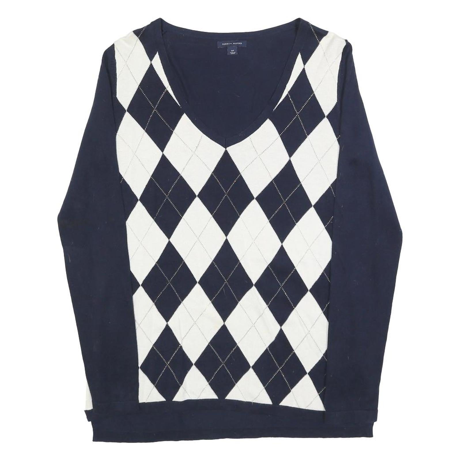 TOMMY HILFIGER Womens Navy & White Patterned V Neck Basic Knit S Jumper Cotton