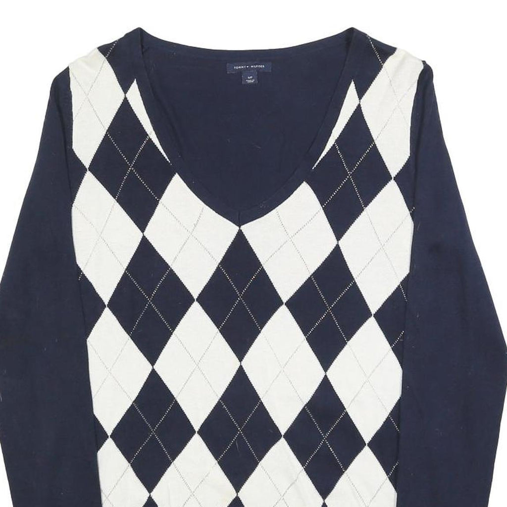 TOMMY HILFIGER Womens Navy & White Patterned V Neck Basic Knit S Jumper Cotton