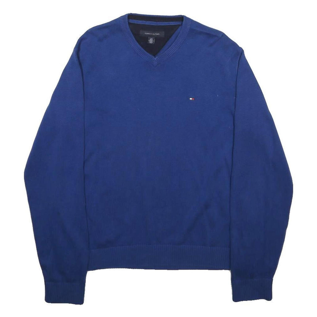 TOMMY HILFIGER Mens Blue Plain V-Neck Basic Knit L Cotton Pullover Jumper