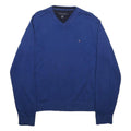 TOMMY HILFIGER Mens Blue Plain V-Neck Basic Knit L Cotton Pullover Jumper