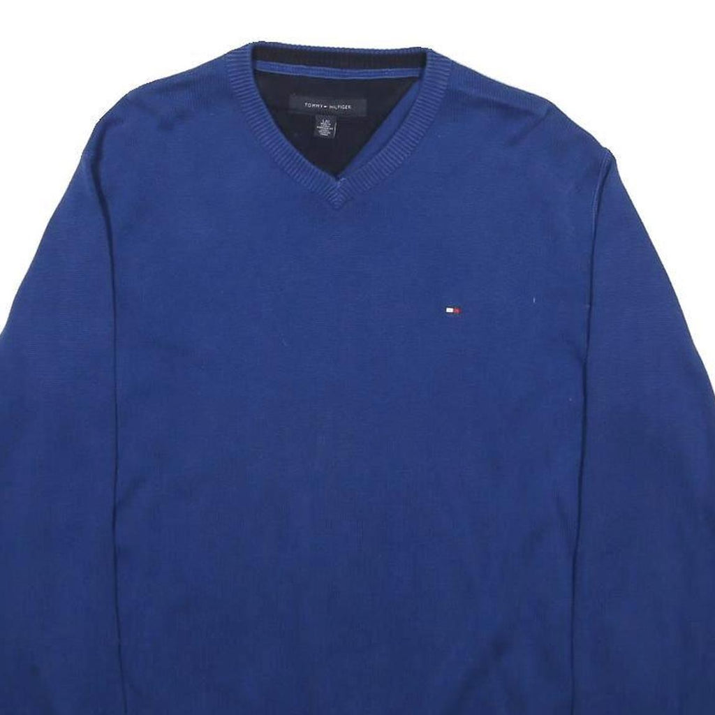 TOMMY HILFIGER Mens Blue Plain V-Neck Basic Knit L Cotton Pullover Jumper