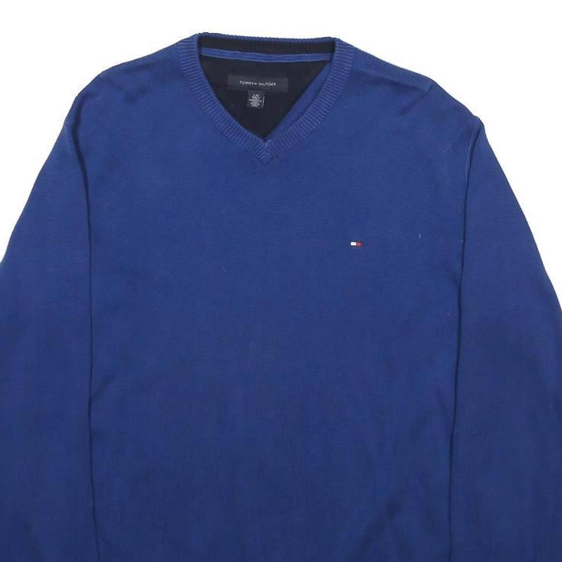 TOMMY HILFIGER Mens Blue Plain V-Neck Basic Knit L Cotton Pullover Jumper