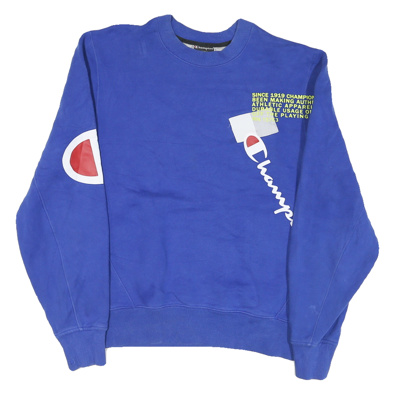 CHAMPION Mens Blue Crew Neck S Cotton Blend Pullover Sweatshirt Logo Print