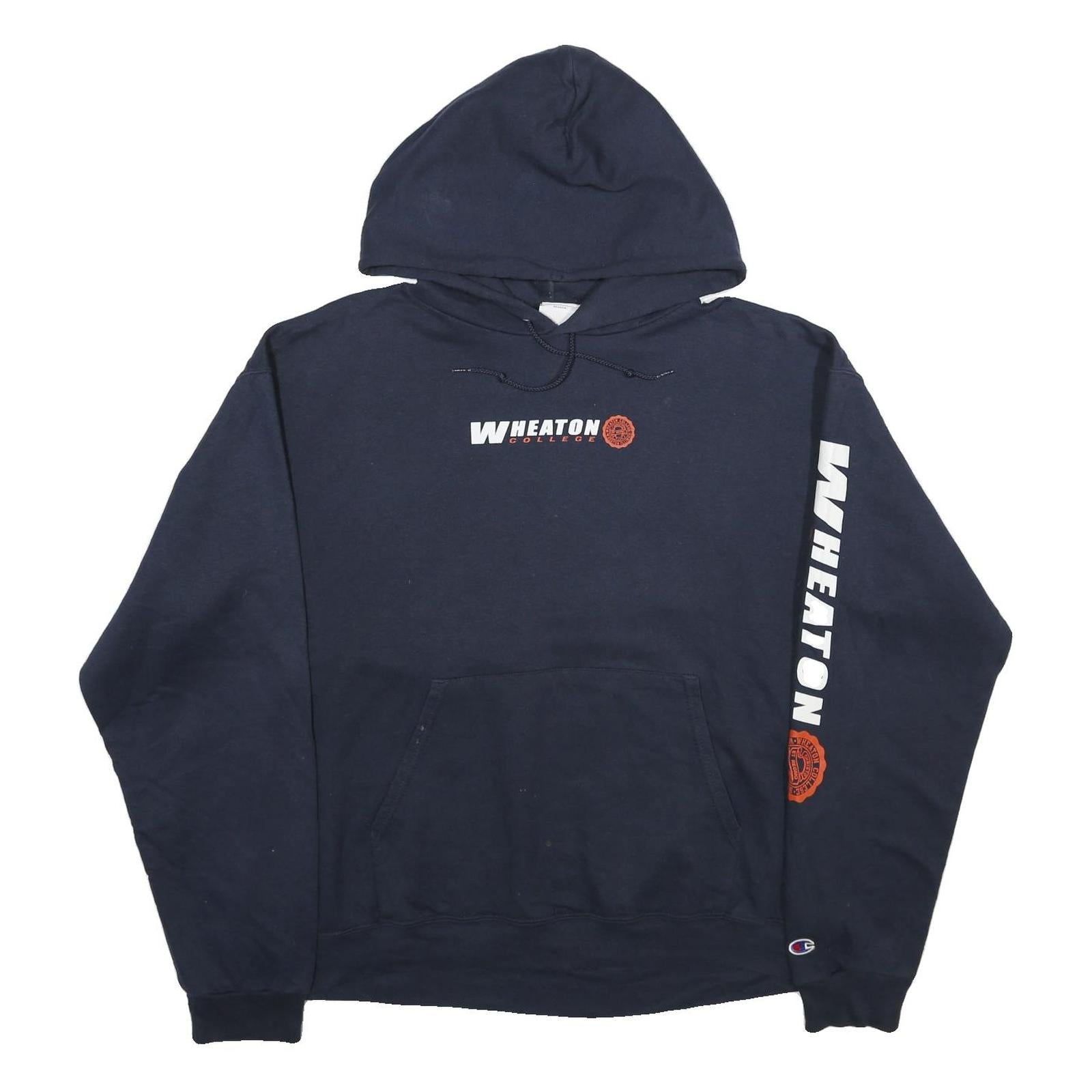 CHAMPION Mens Navy Blue Wheaton College Pullover Hoodie L College Logo