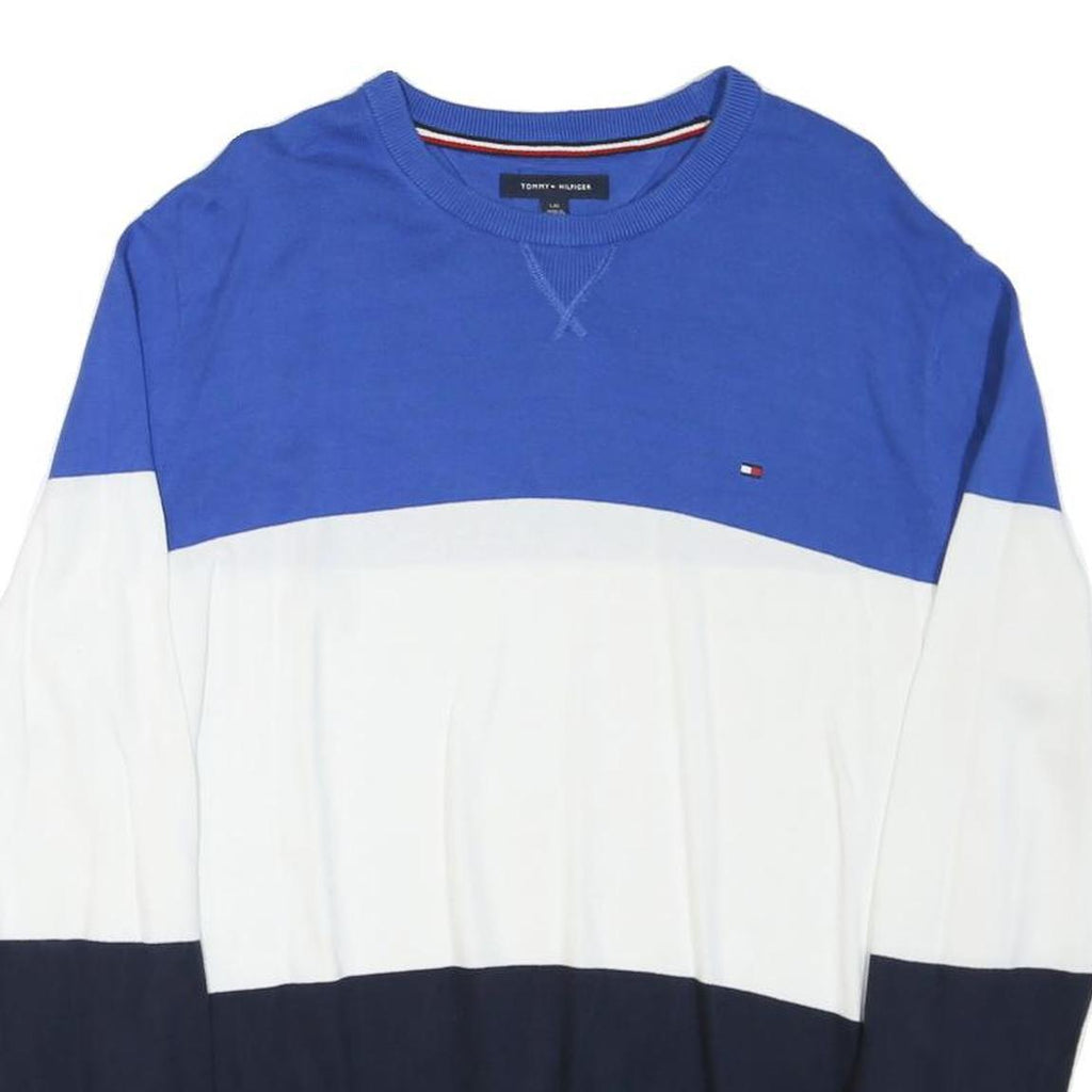 TOMMY HILFIGER Mens Blue & White & Navy Plain Crew Neck Basic Knit L Jumper