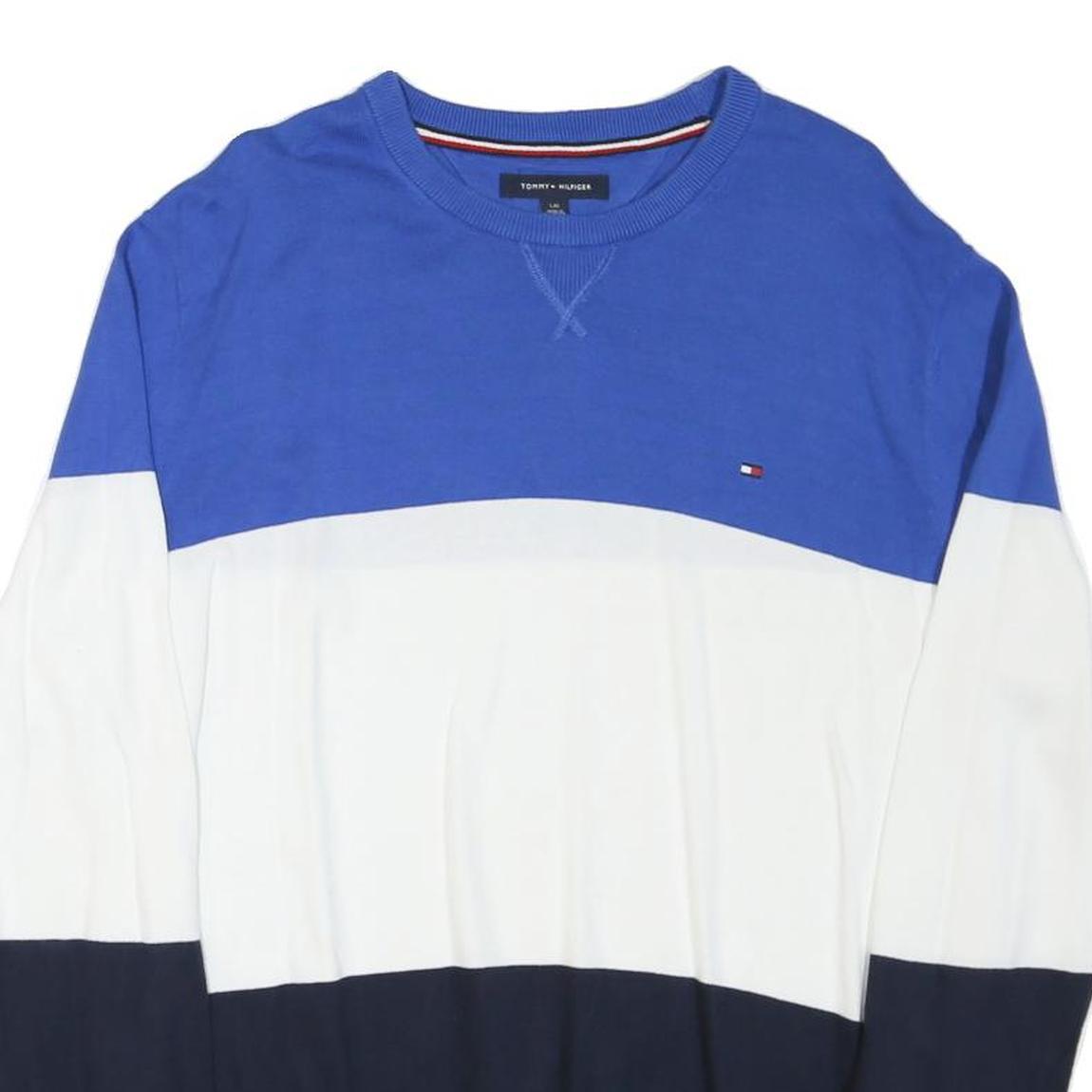TOMMY HILFIGER Mens Blue & White & Navy Plain Crew Neck Basic Knit L Jumper