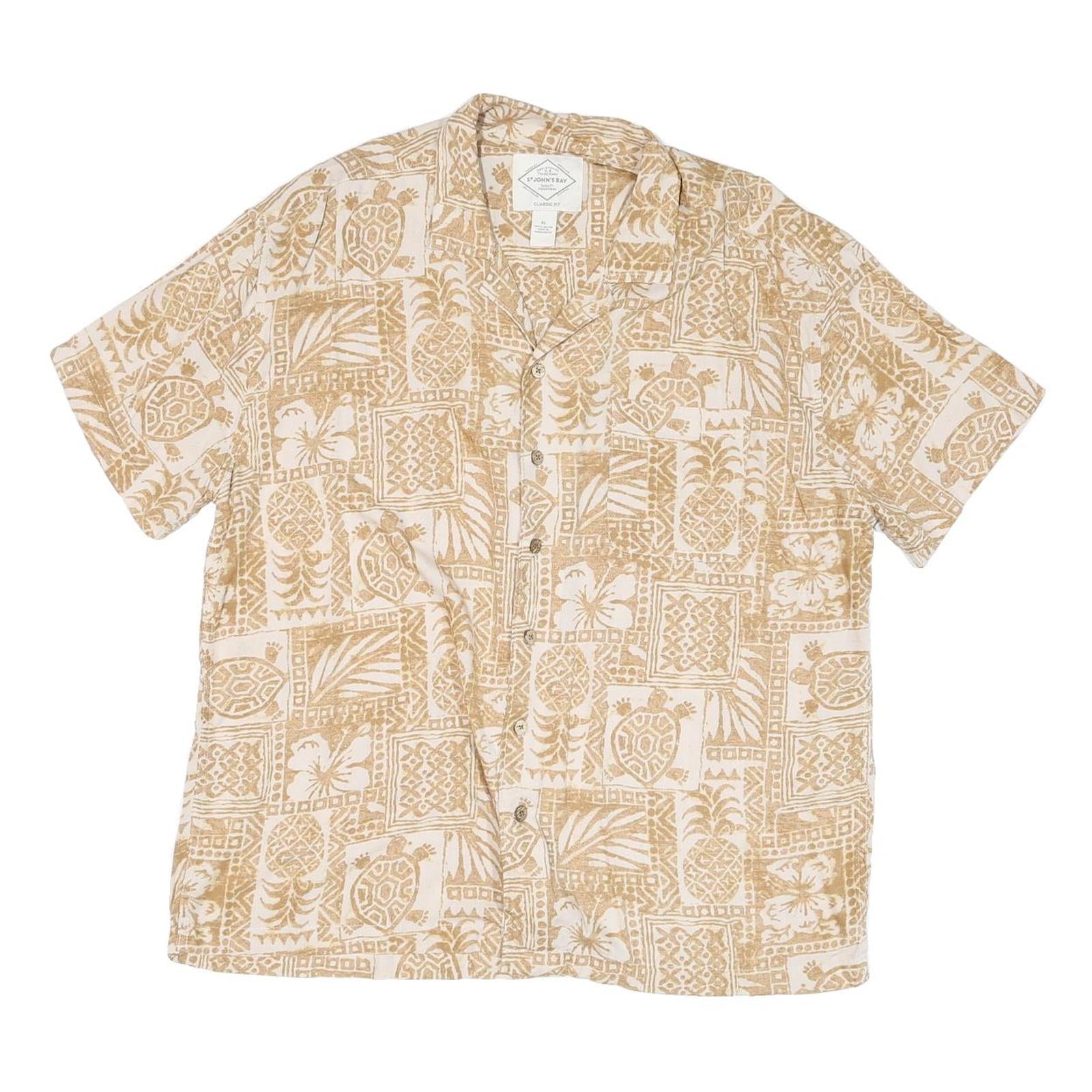 ST JOHNS BAY Mens Beige Rayon Hawaiian Shirt XL Short Sleeve Casual Tropical