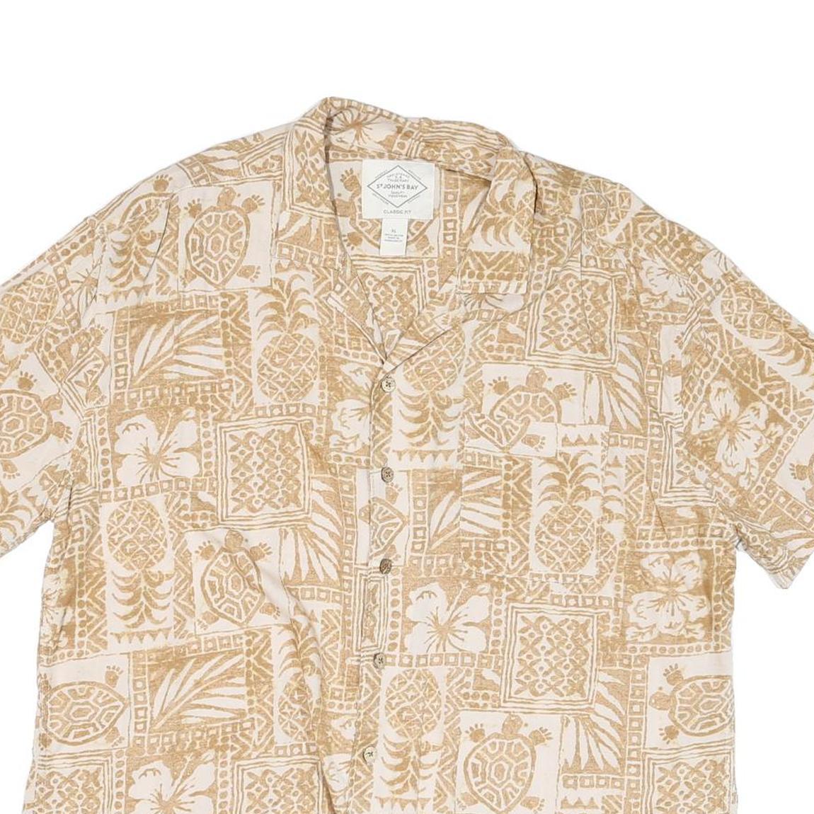 ST JOHNS BAY Mens Beige Rayon Hawaiian Shirt XL Short Sleeve Casual Tropical