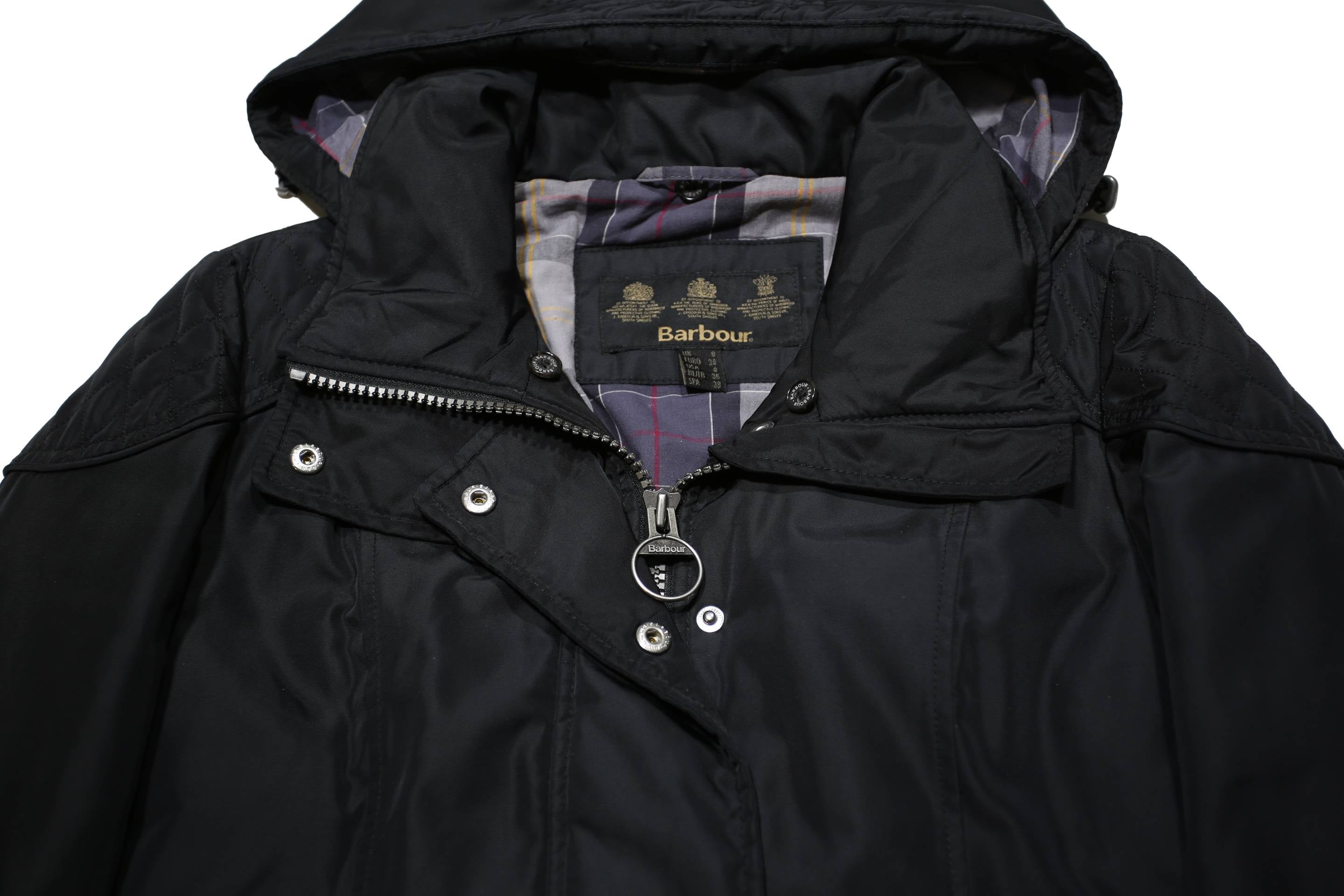 BARBOUR Womens Black Zip Jacket UK 8 Polyamide Hooded Classic Casual Outerwear