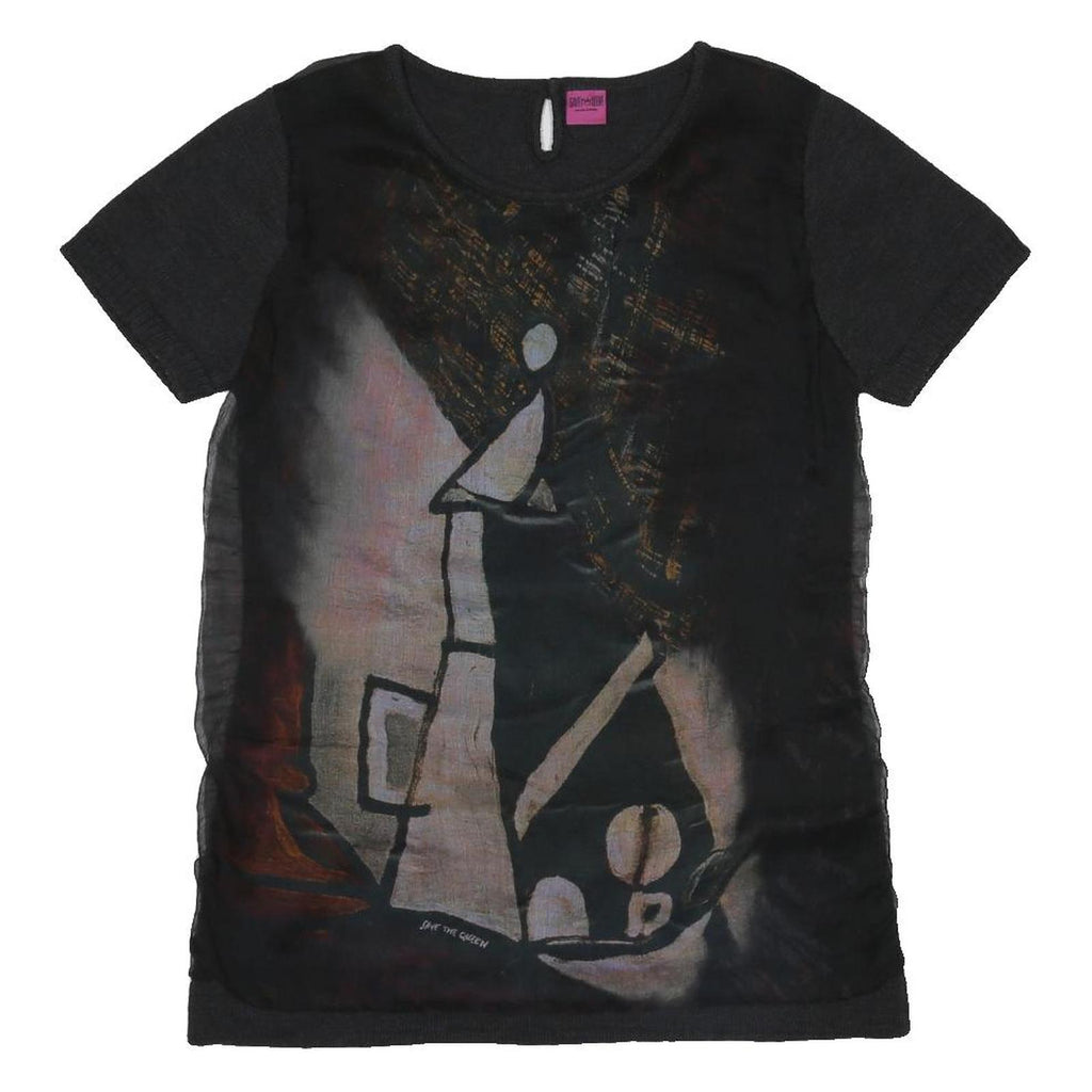 SAVE THE QUEEN Y2K Womens Black Printed Top Short Sleeve Round Neck L Artistic