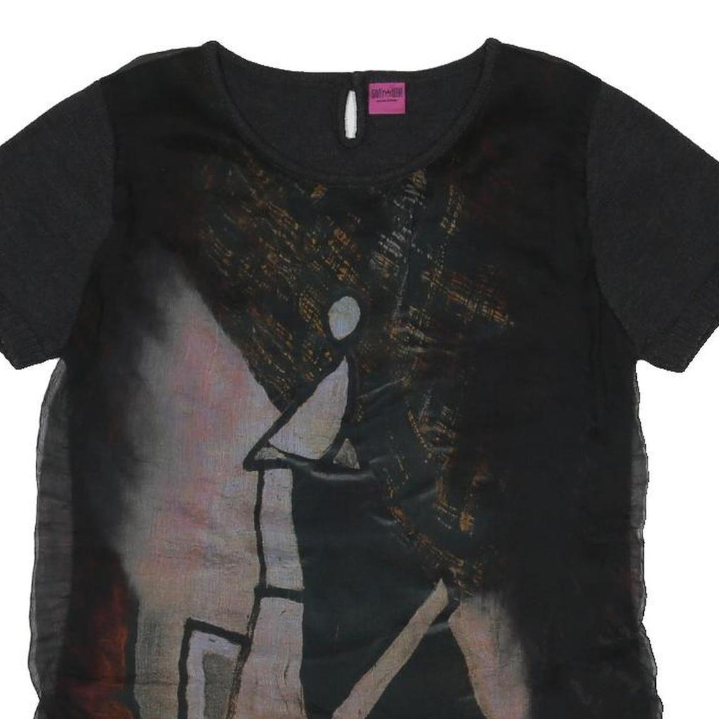 SAVE THE QUEEN Y2K Womens Black Printed Top Short Sleeve Round Neck L Artistic