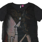 SAVE THE QUEEN Y2K Womens Black Printed Top Short Sleeve Round Neck L Artistic